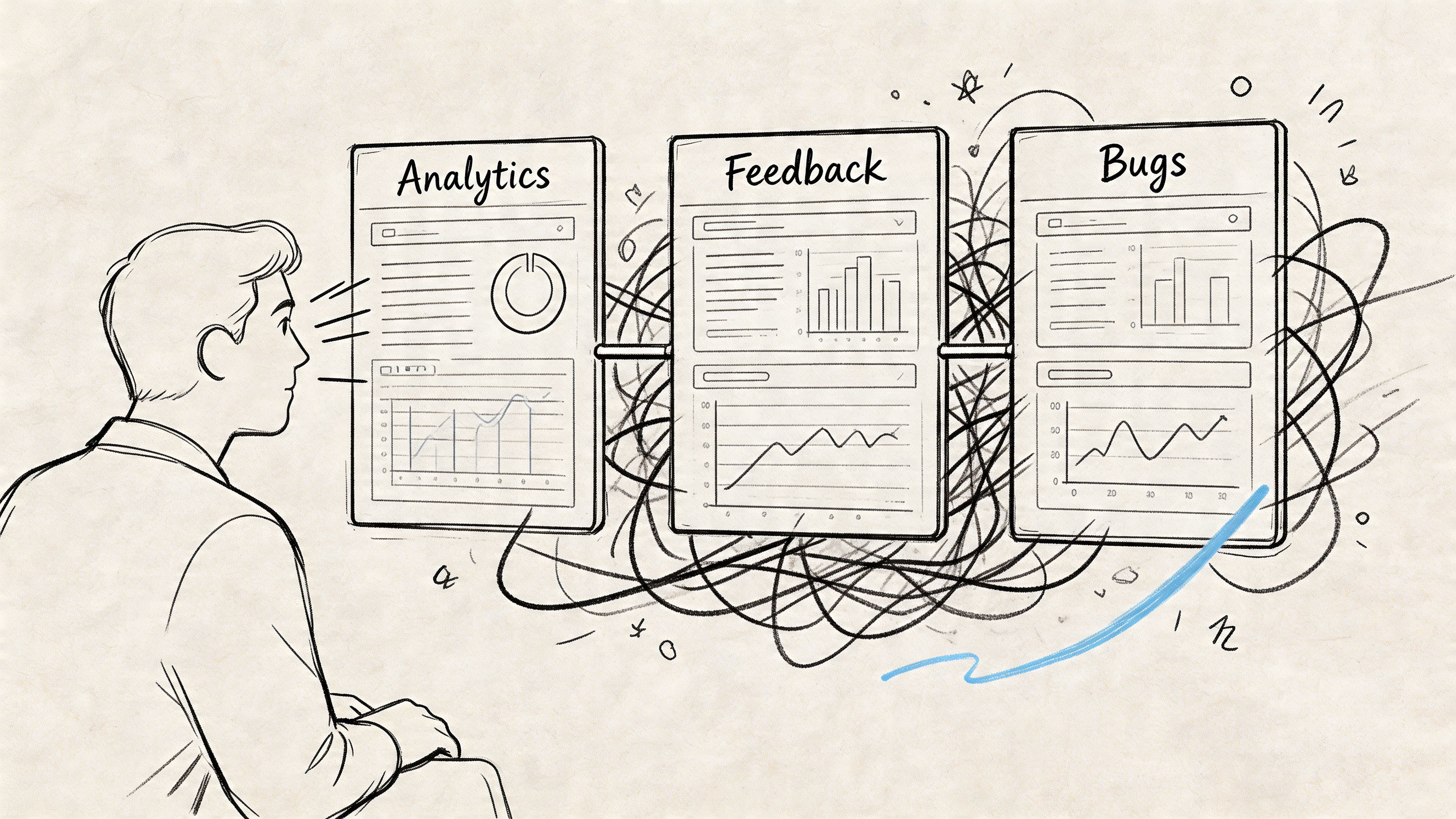 A line drawing illustration showing a person analyzing complex digital dashboards for analytics, feedback, and bugs.