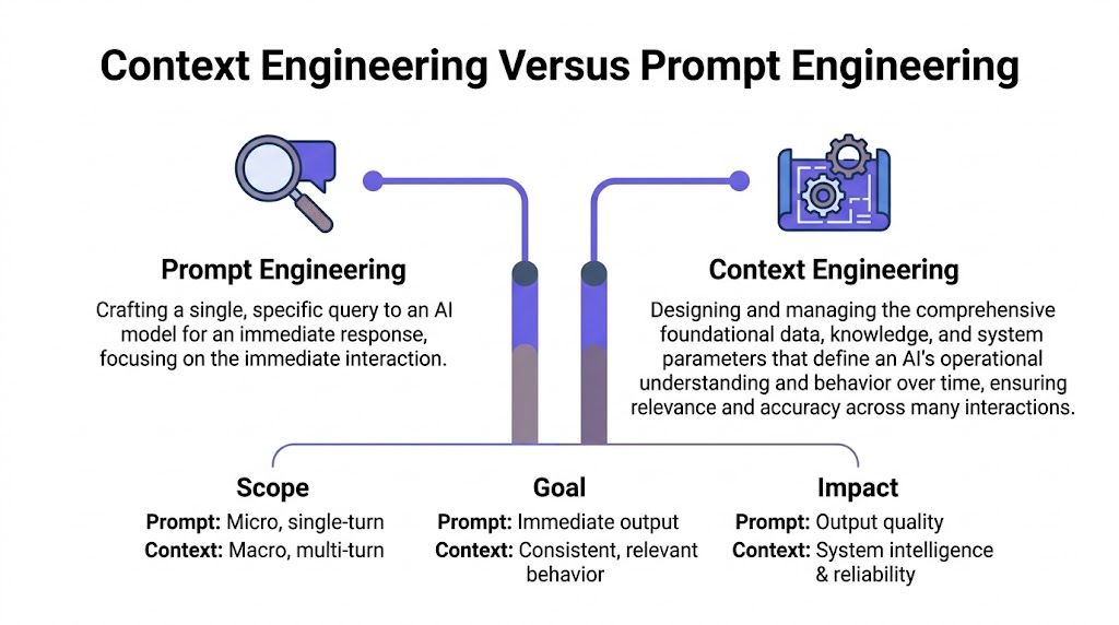 A comparison chart explaining the difference between prompt engineering and context engineering for AI systems.