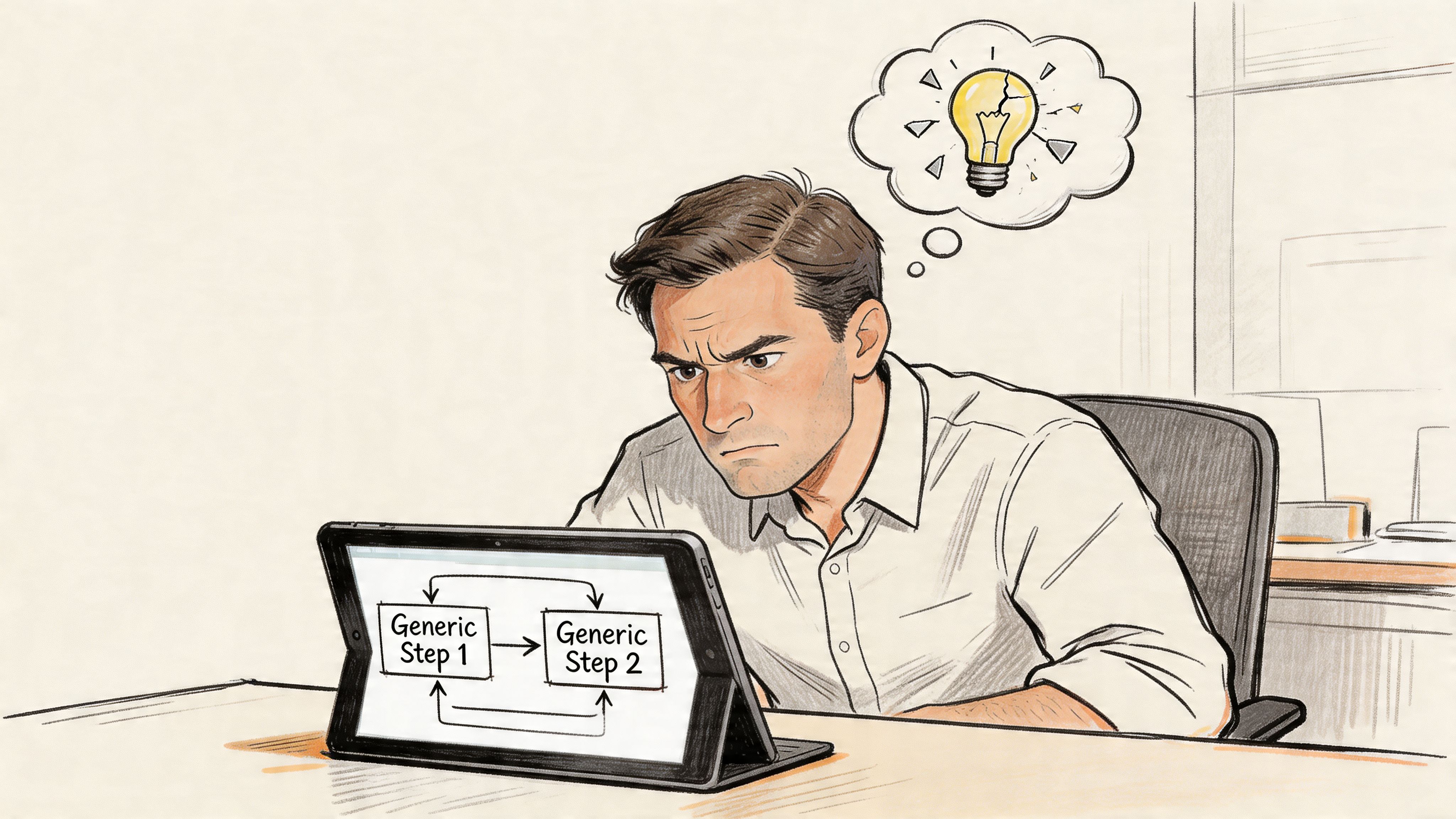 A man staring intensely at a tablet screen displaying a process flow chart, appearing frustrated and puzzled.