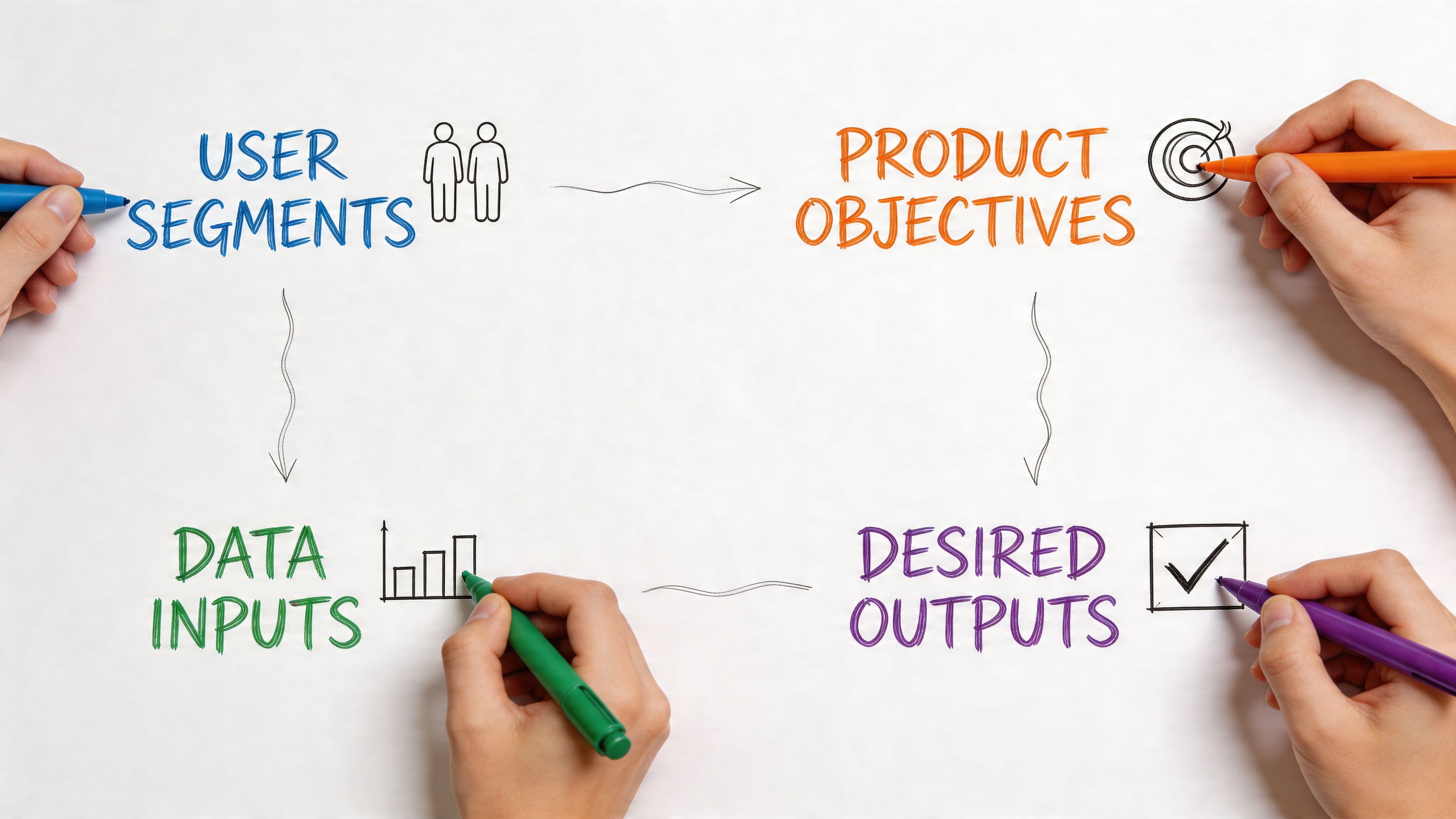 Four hands using markers to write and draw a business process diagram on a white sheet.
