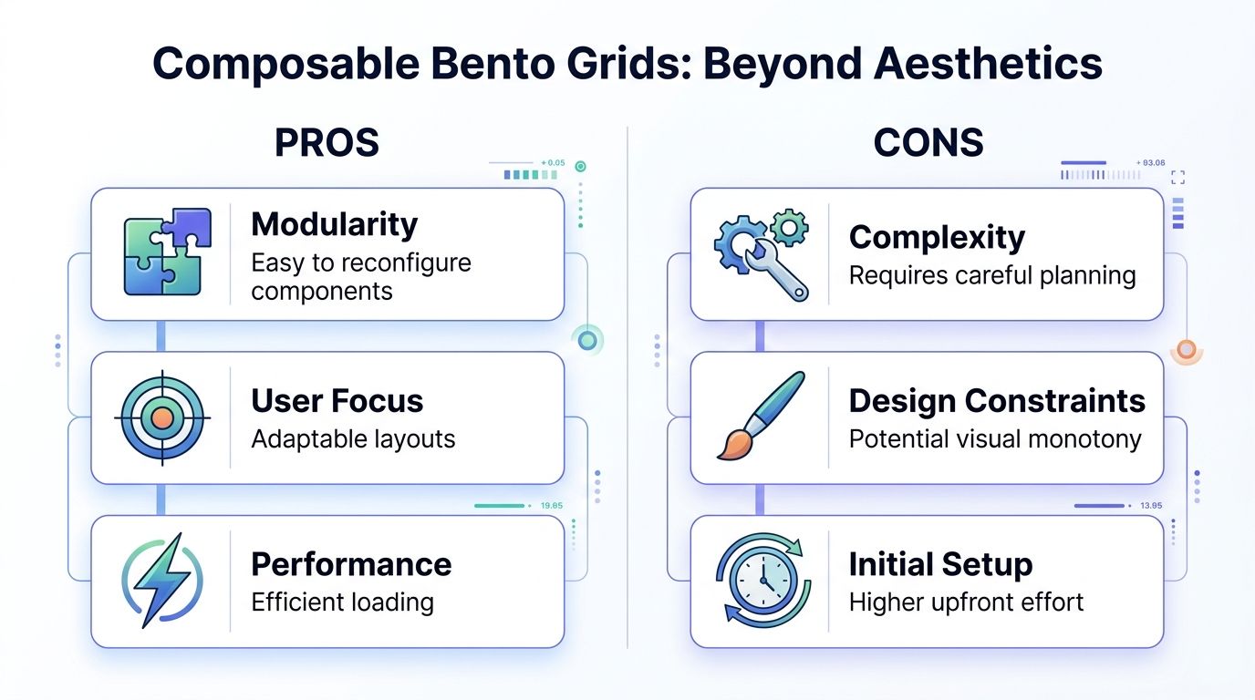 A comparison infographic showing the pros and cons of using modular bento grid layouts in web design.