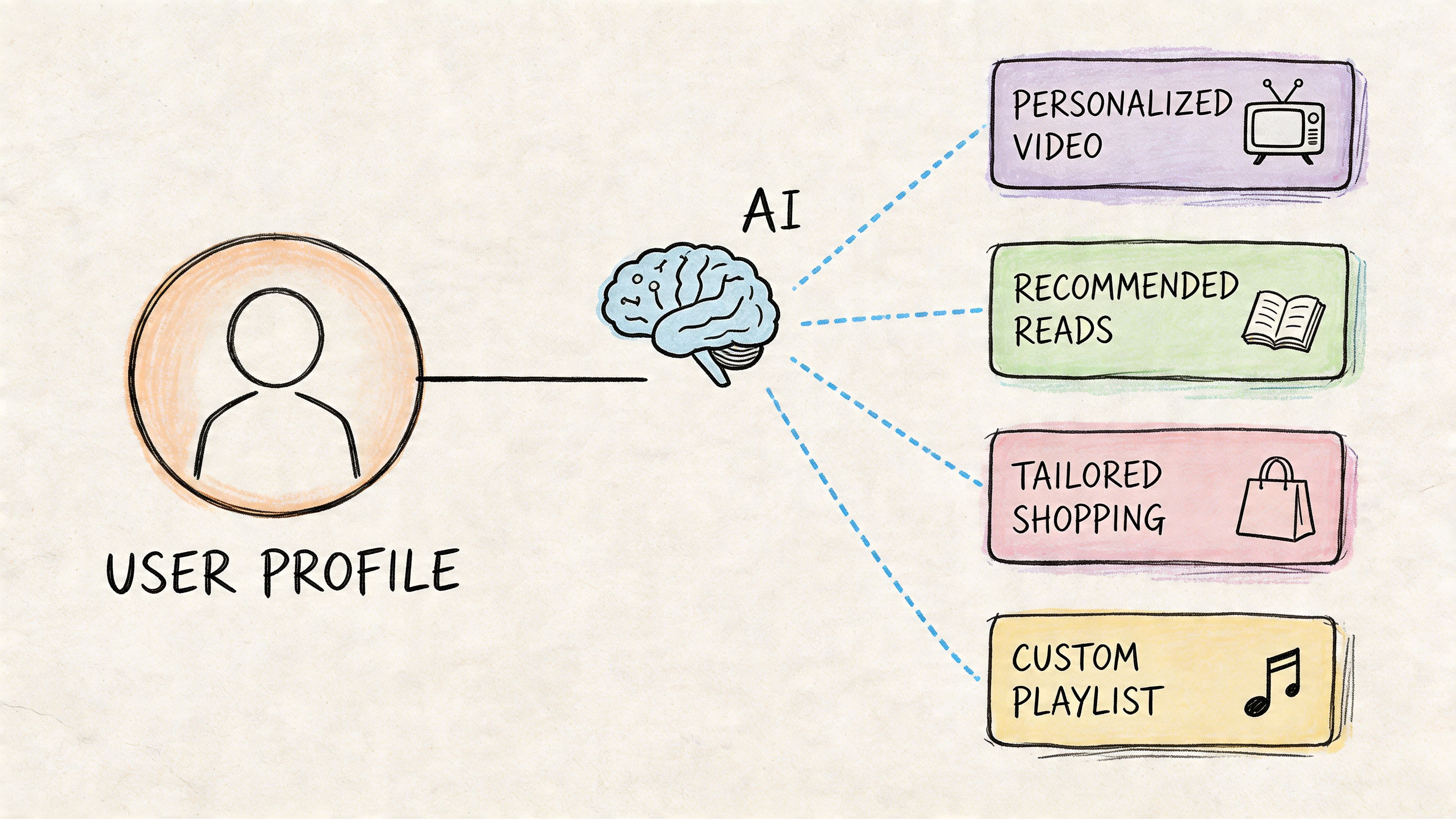 A diagram illustrating how a user profile feeds into an AI brain to provide personalized experiences.