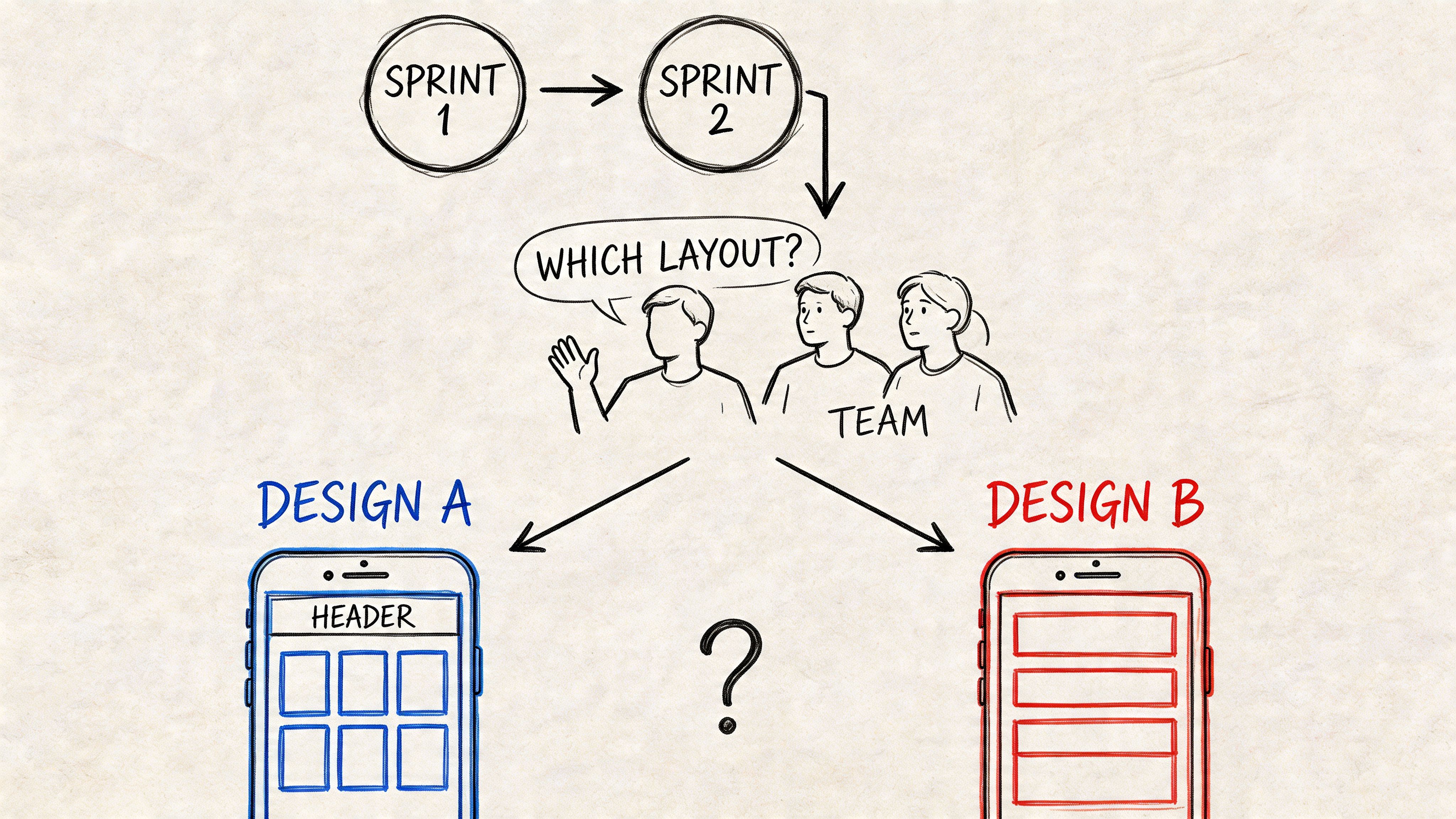 A sketched illustration showing a team debating between two different mobile application interface layouts, Design A and B.