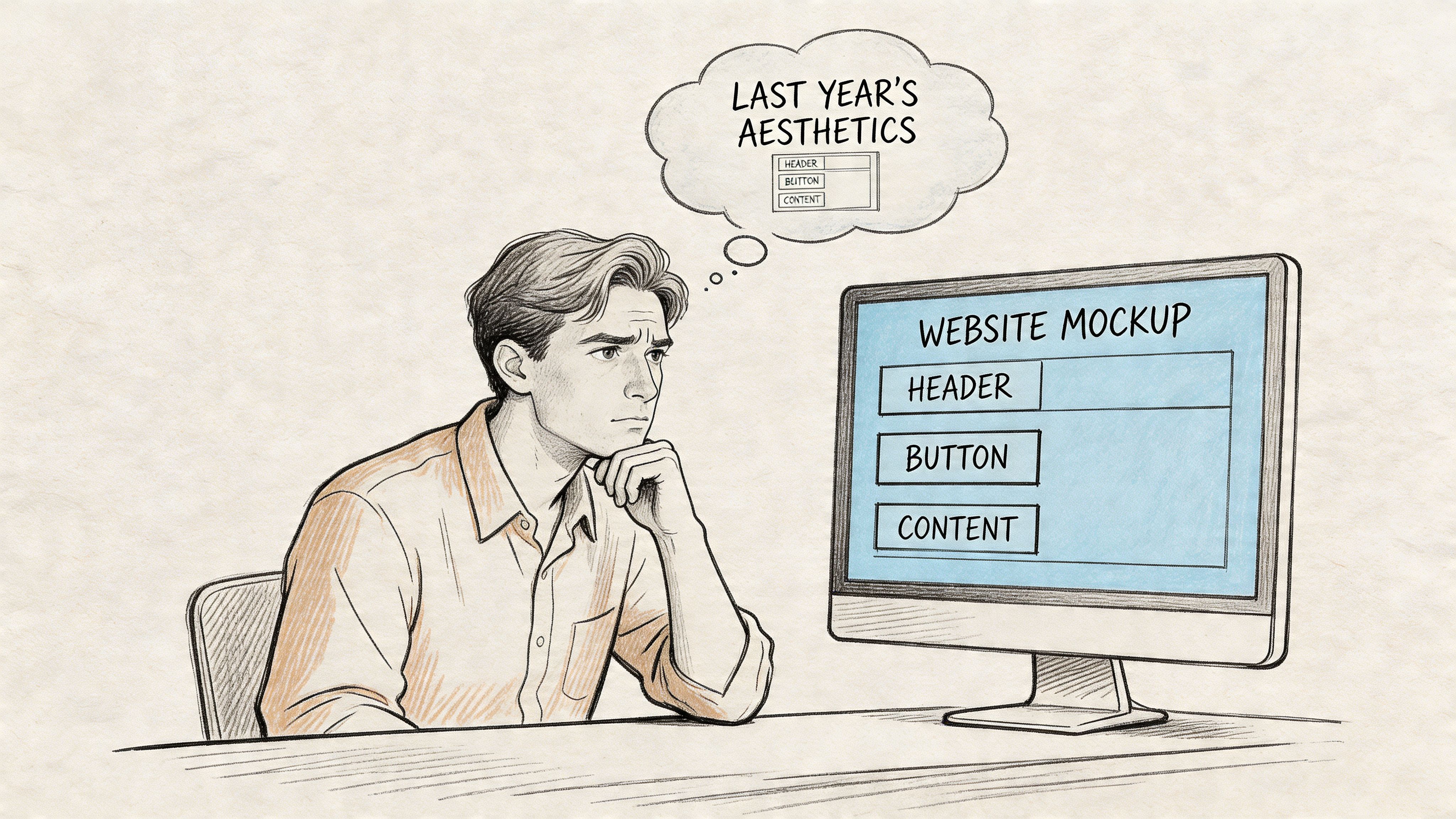 A man thoughtfully looking at a computer screen displaying a website mockup design while considering old aesthetics.