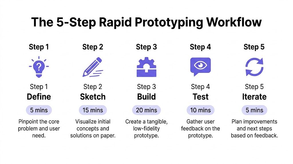 A diagram outlining a five-step rapid prototyping workflow for designing and testing new concepts efficiently.