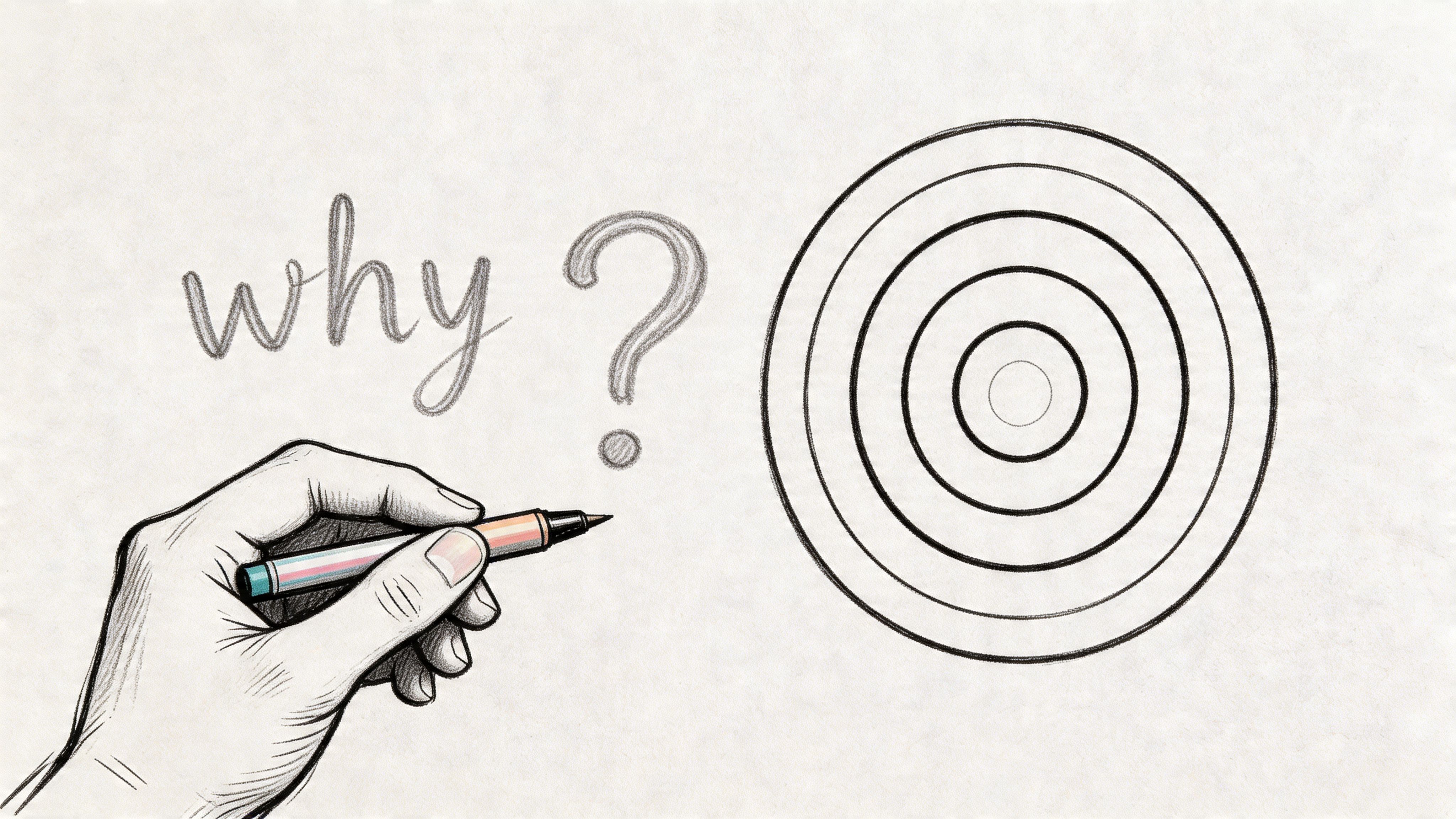 A hand holding a marker drawing the word why next to a question mark and a target.