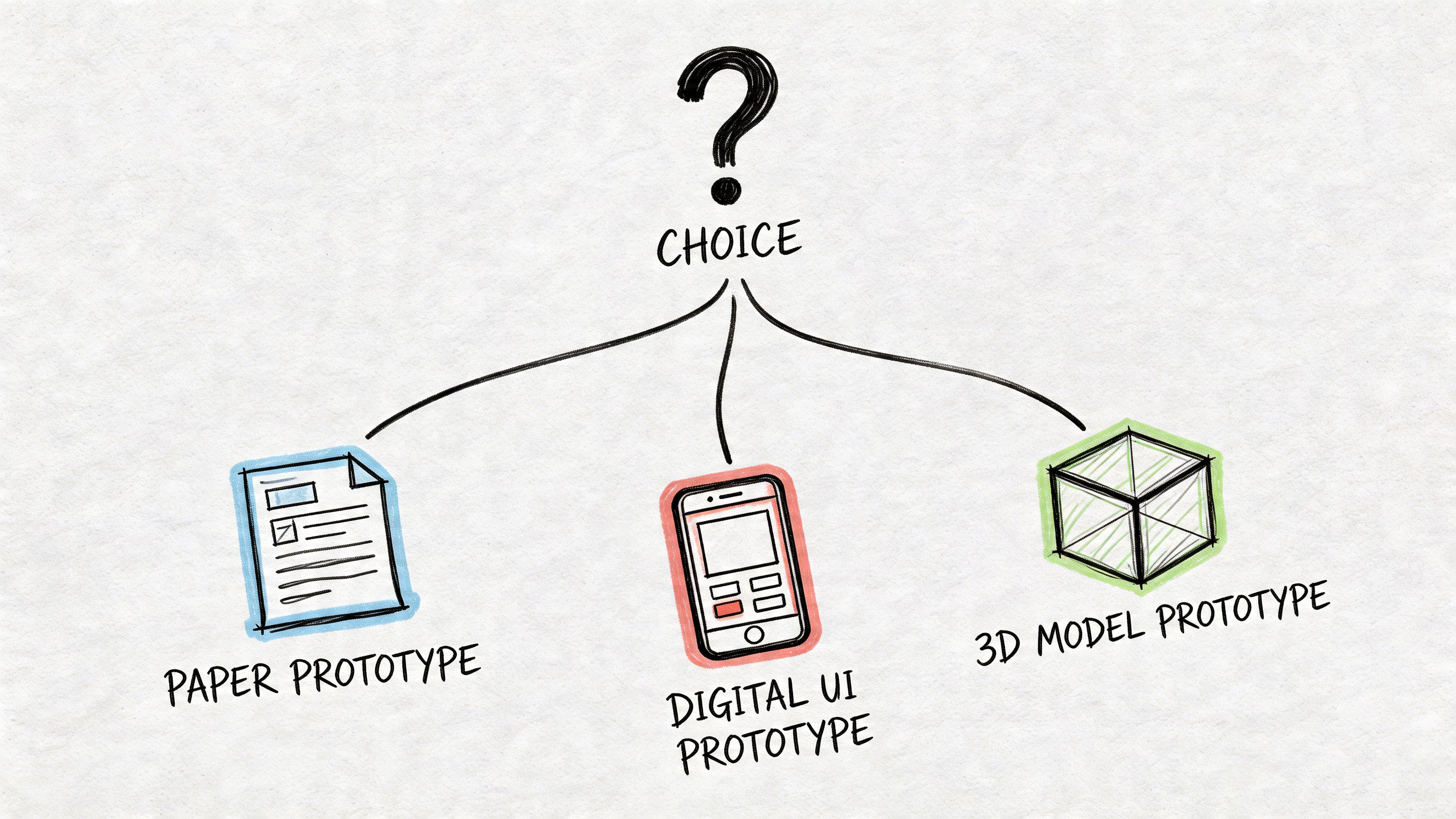 A hand-drawn illustration showing a choice between paper, digital UI, and 3D model prototyping methods.
