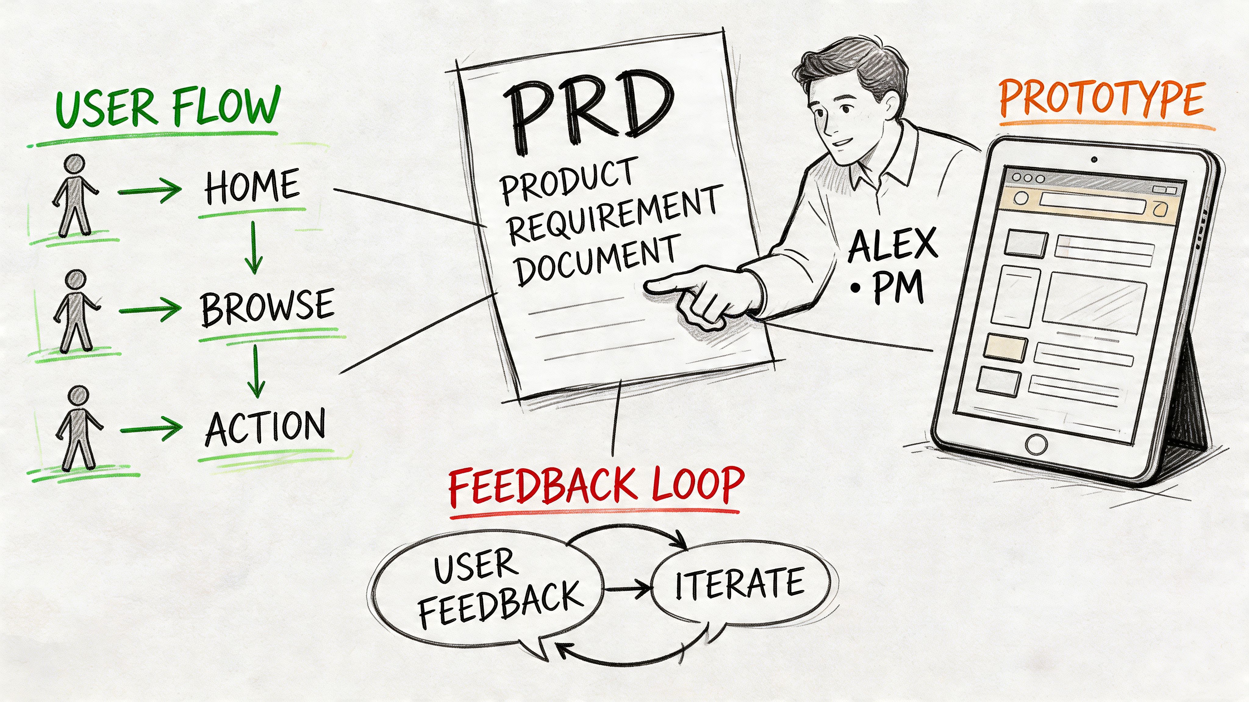 A hand-drawn illustration depicting a product management process with a user flow, PRD document, and prototype.