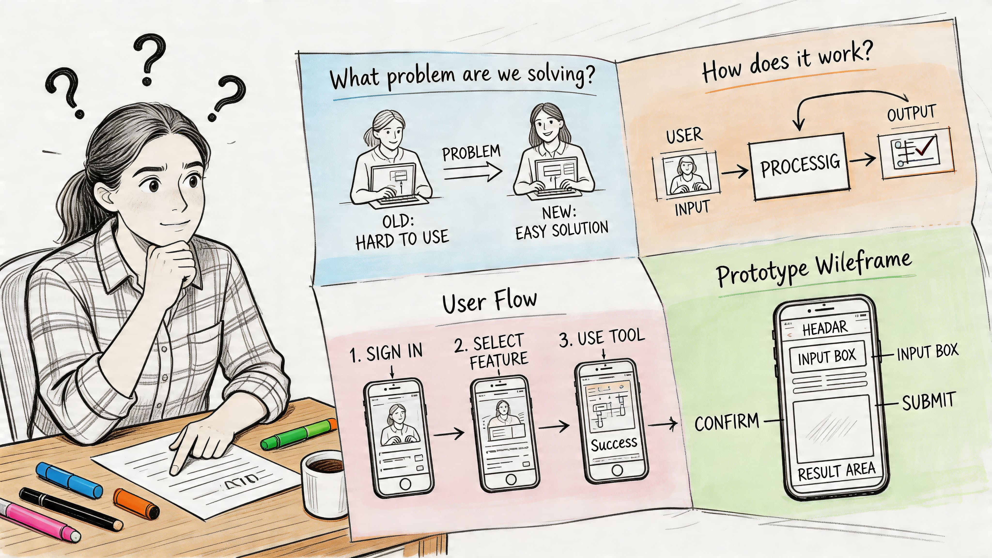 A woman thinking while looking at a PRD document containing diagrams of a product development process.