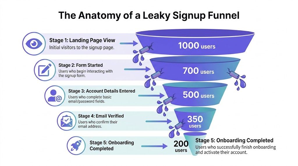 A diagram illustrating a leaky signup funnel with five stages showing decreasing user counts per step.