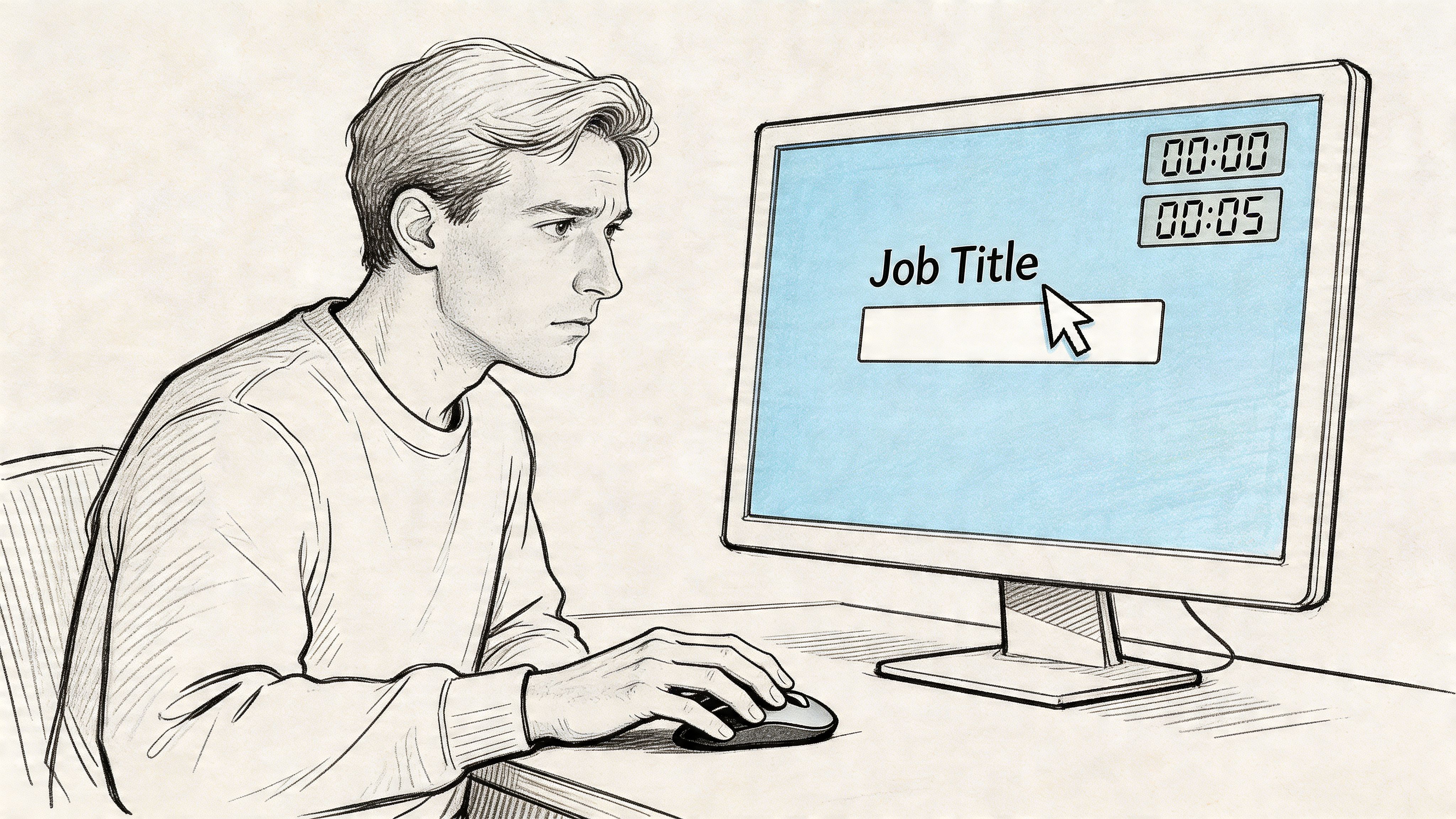 A pencil sketch of a young man intensely focused on his computer screen while navigating a website.