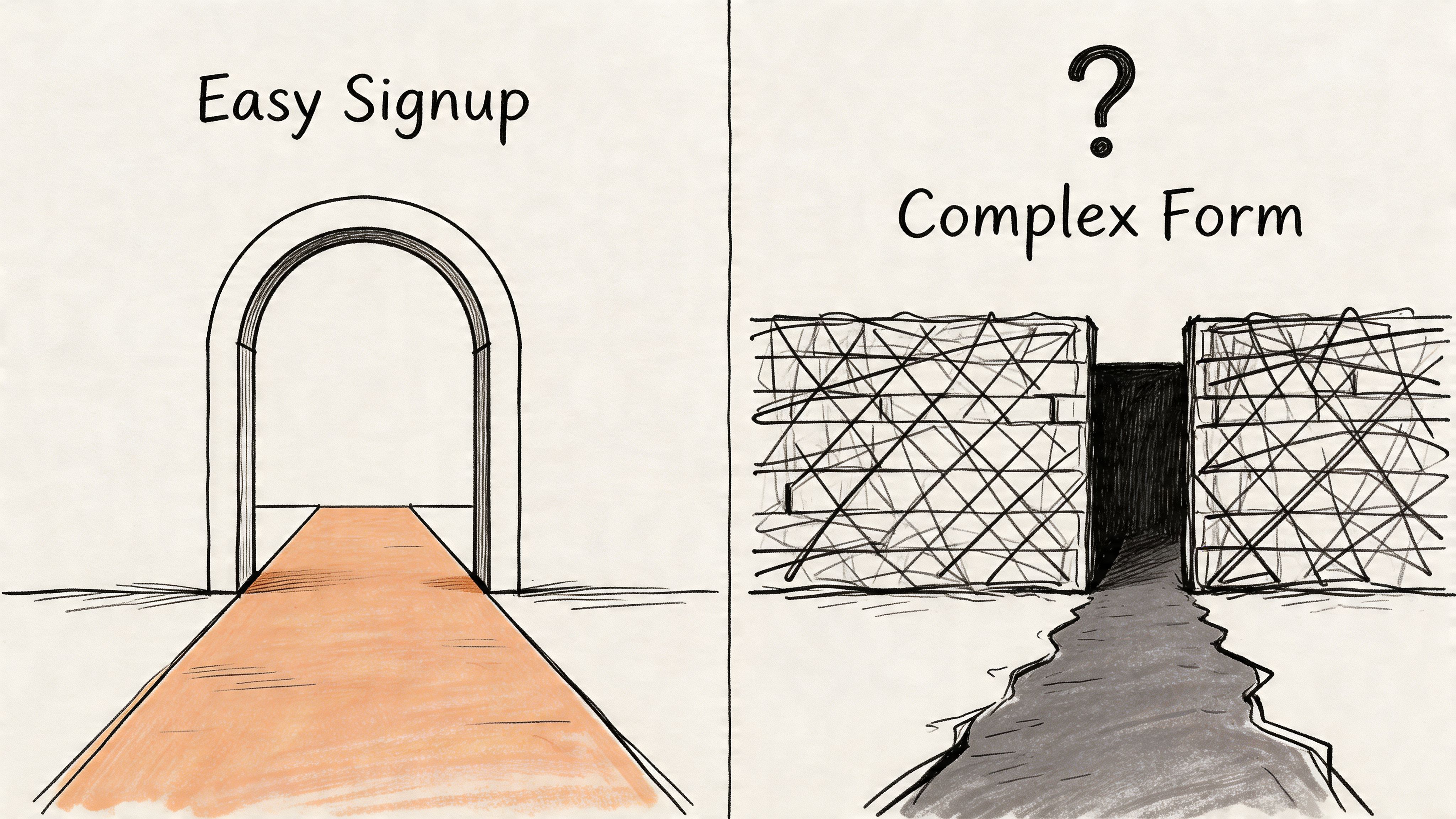 A conceptual illustration comparing a simple, welcoming signup gateway to a difficult, complex maze-like form entry.