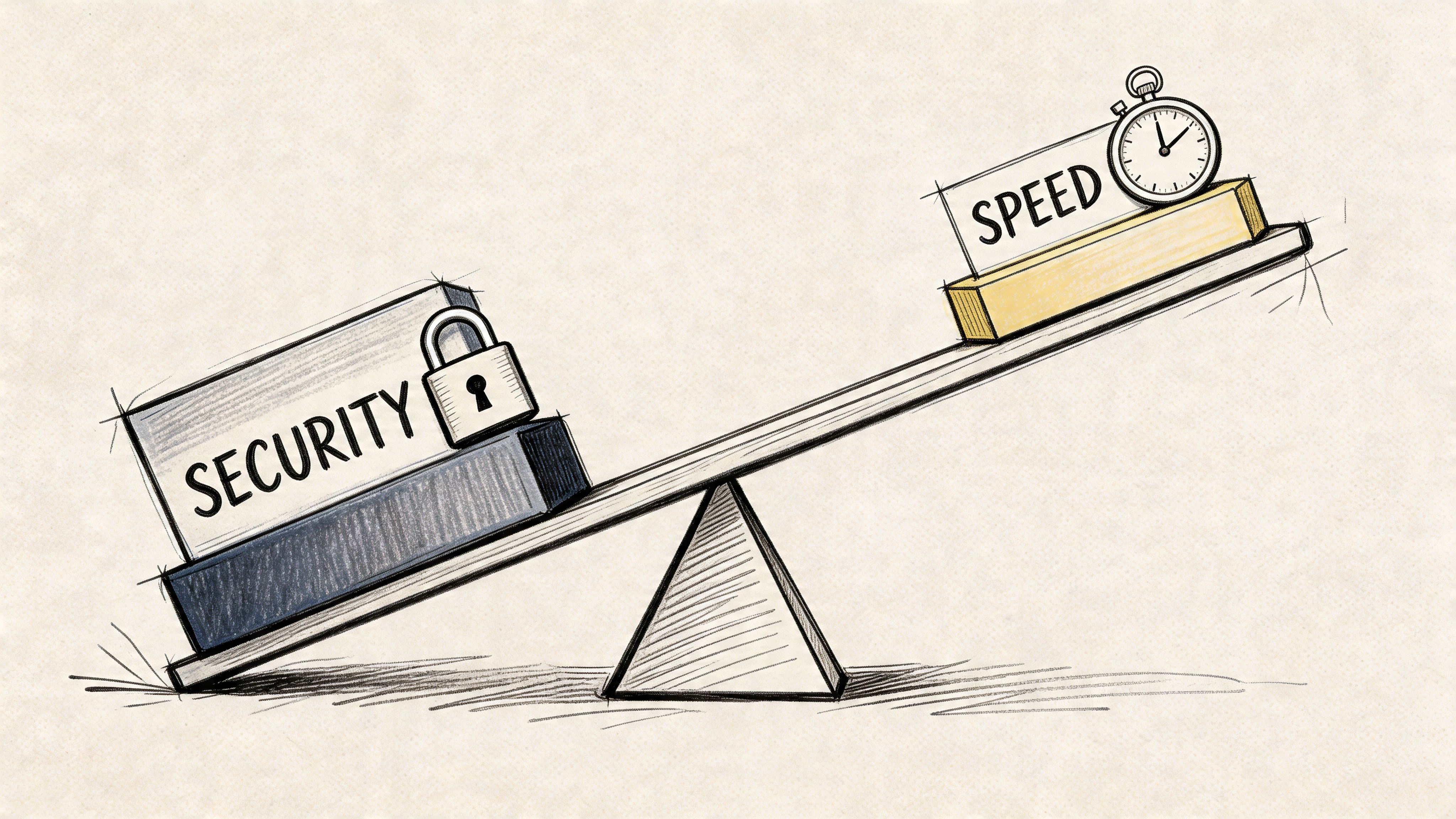 A conceptual drawing of a seesaw showing the trade-off between security and speed.