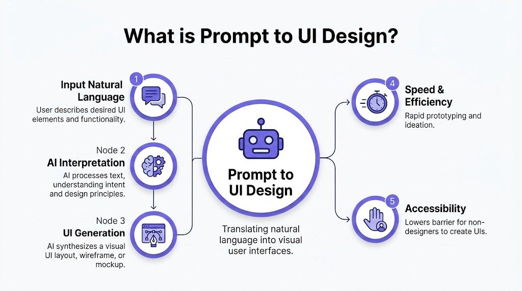 A flowchart explaining the Prompt to UI design process and its key benefits for user interface creation.