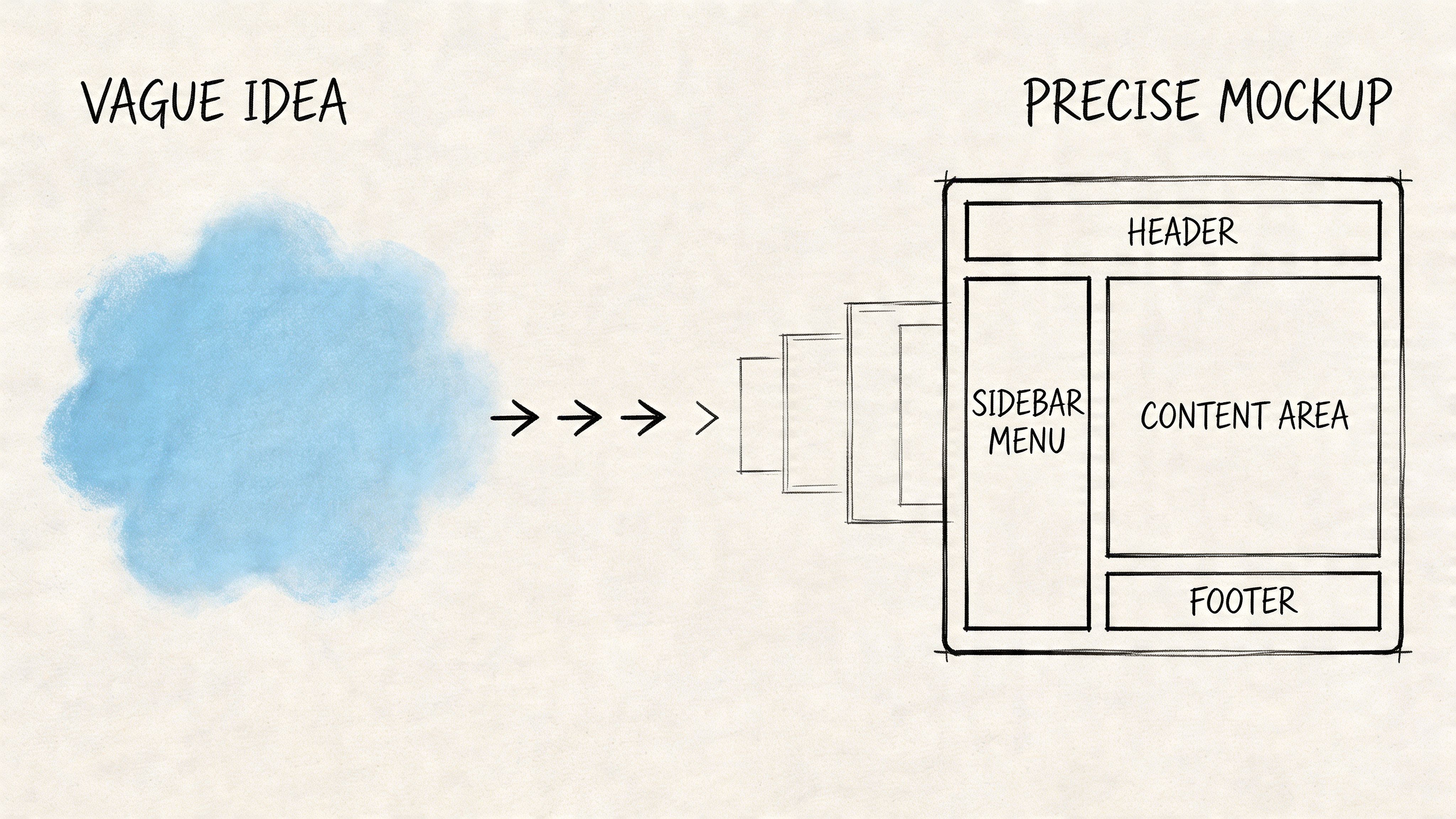 A conceptual diagram showing a vague blue cloud idea transforming into a structured, precise website UI mockup.