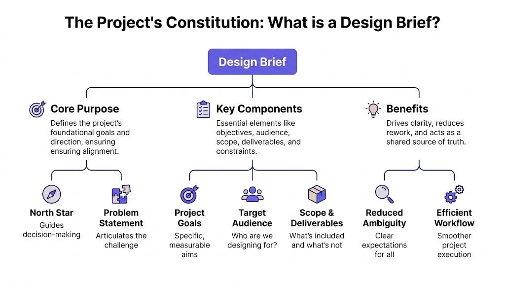 A diagram explaining what a design brief is, highlighting core purpose, key components, and project benefits.