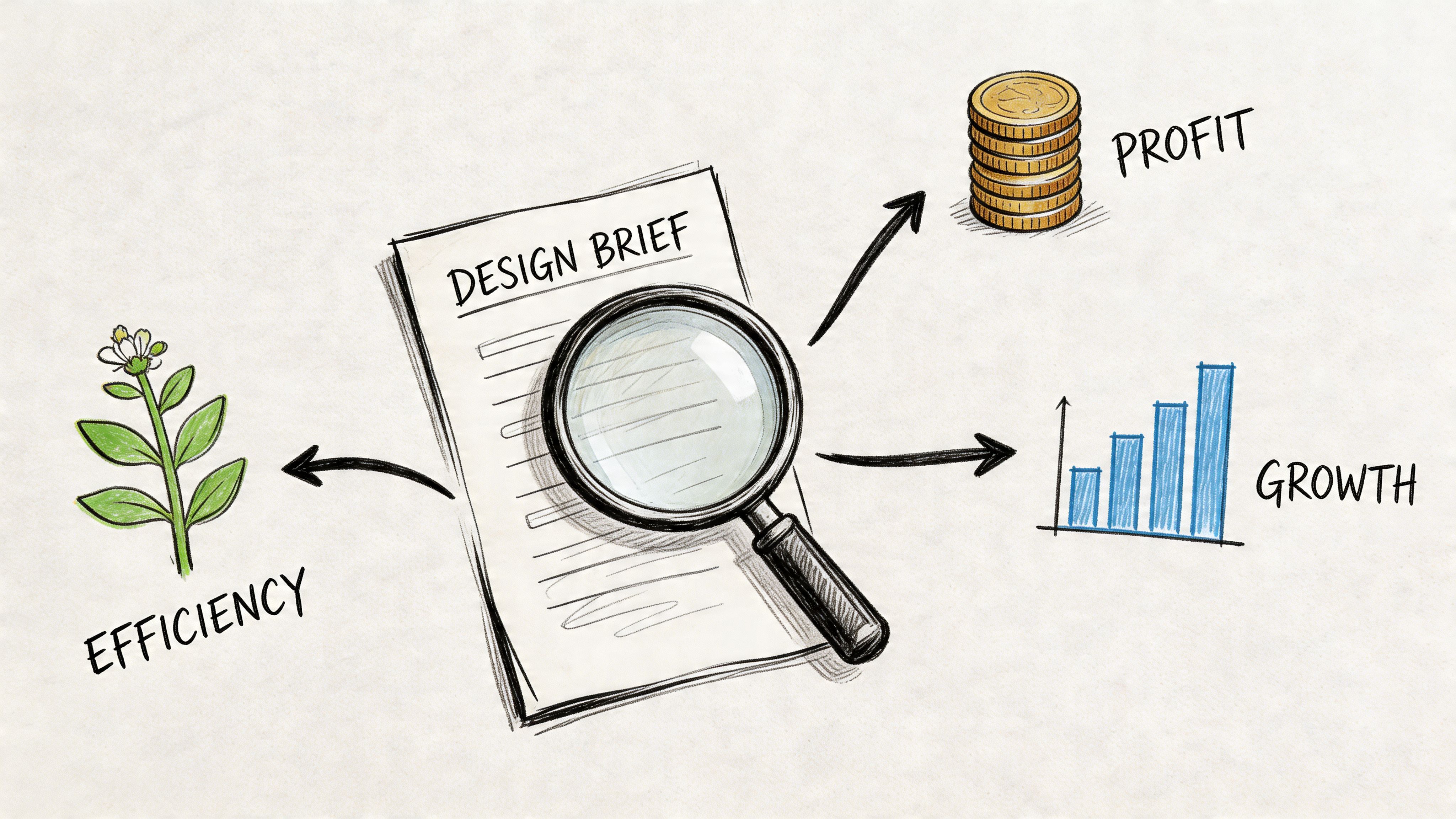 A hand-drawn illustration showing a magnifying glass over a design brief, pointing to efficiency, profit, and growth.