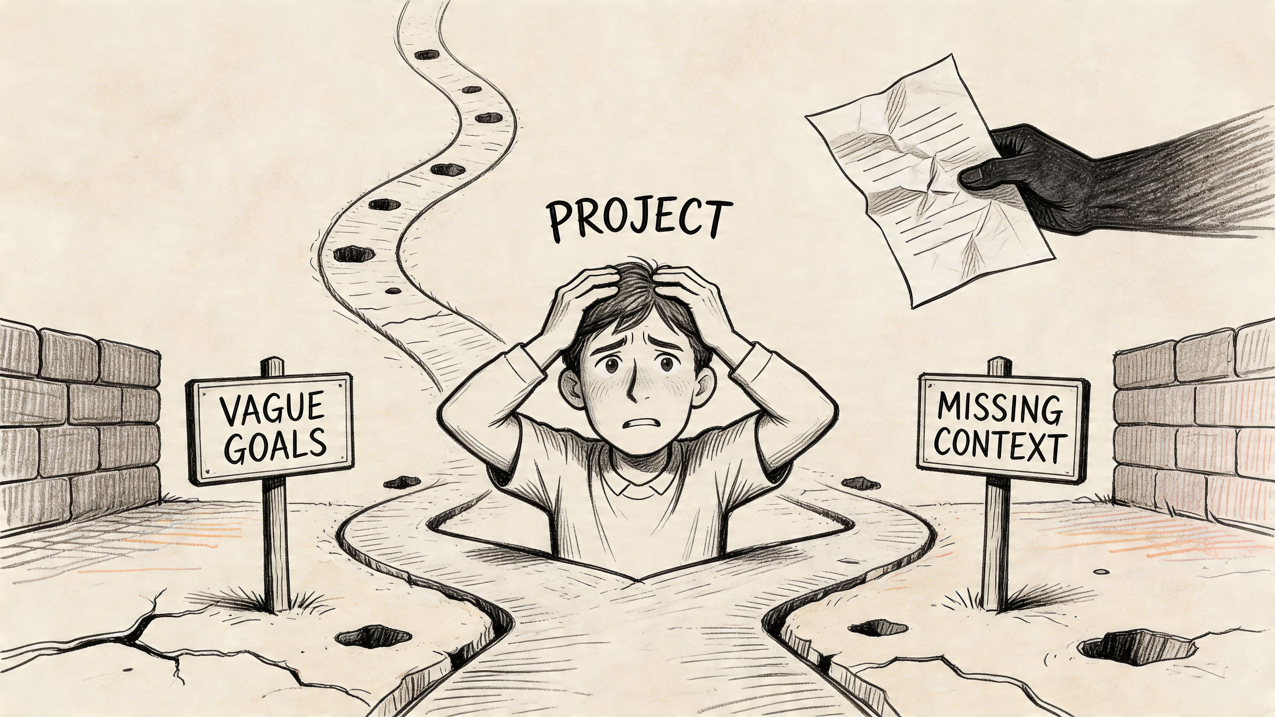 A distressed person stands in a path split, confused by vague goals and missing project context.
