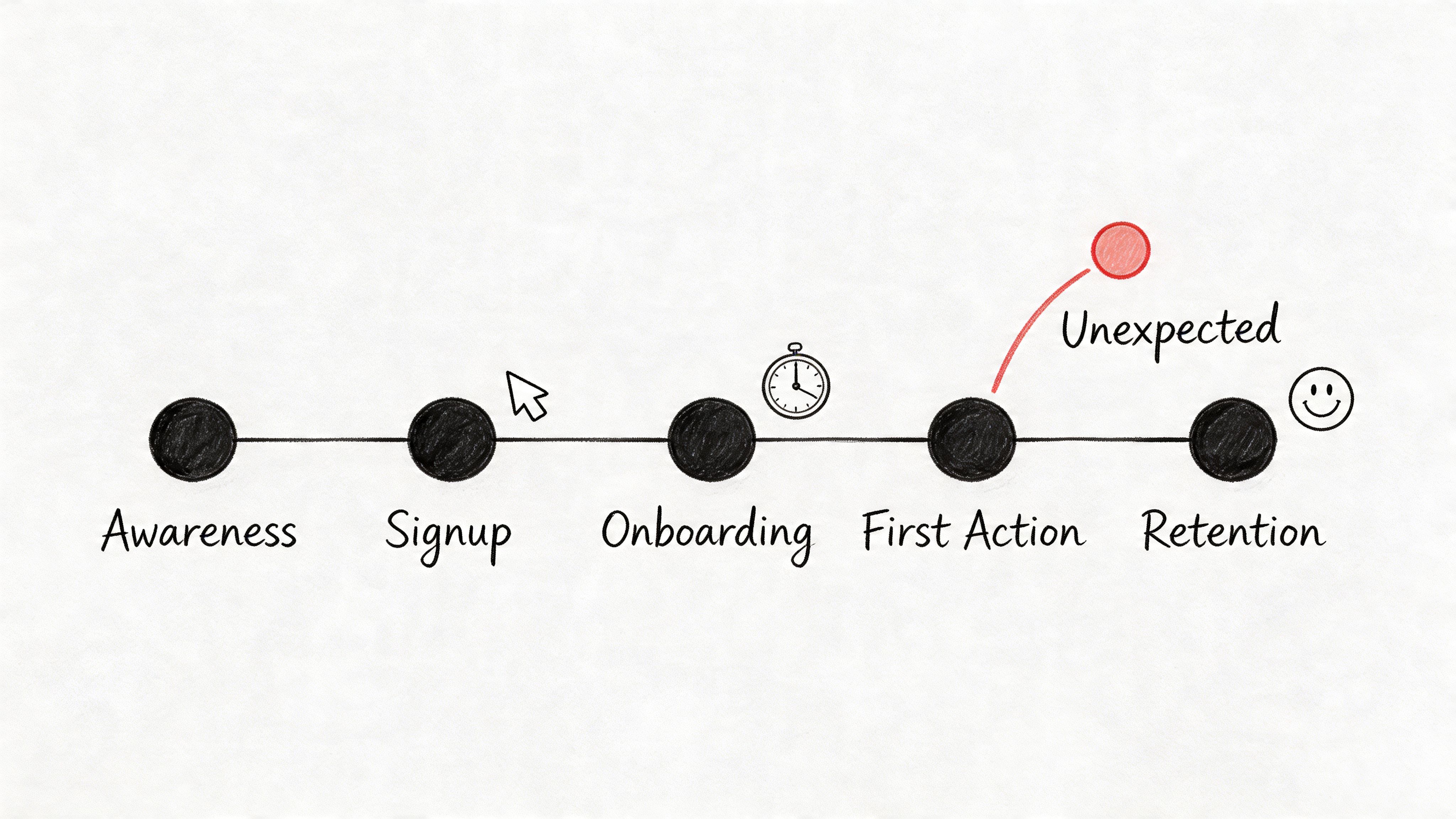 A conceptual diagram showing a user journey funnel from awareness and signup to retention with an unexpected outcome.