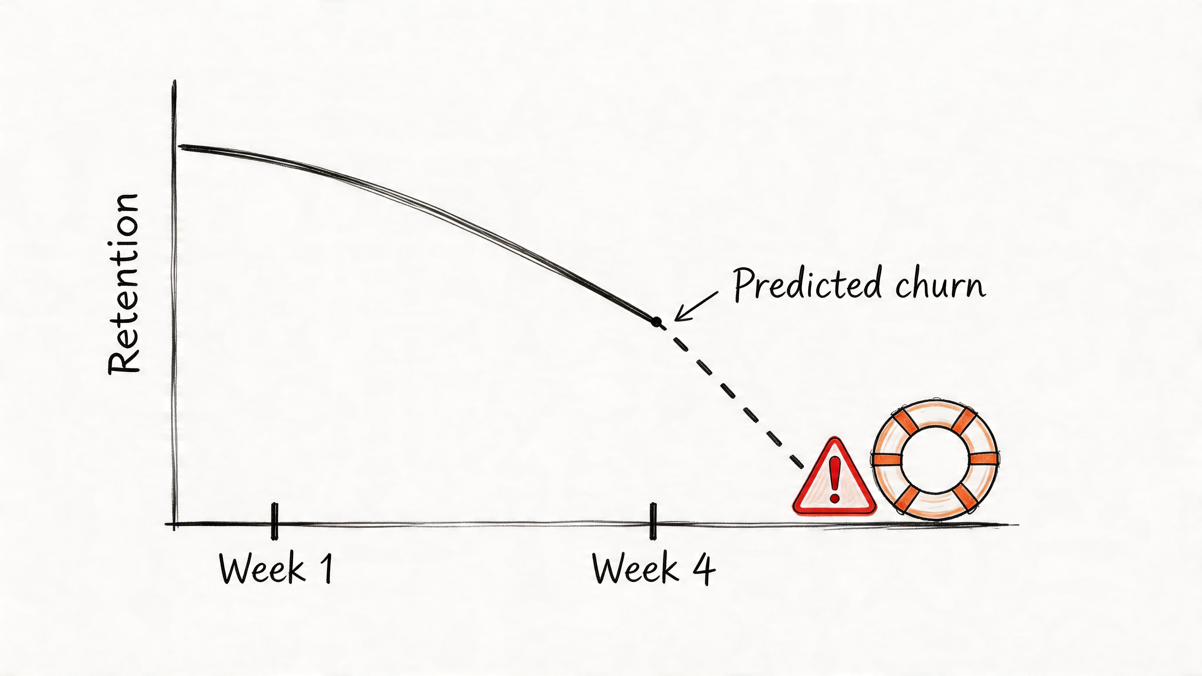 A hand-drawn chart illustrating declining user retention over time with a predicted churn point and warning.