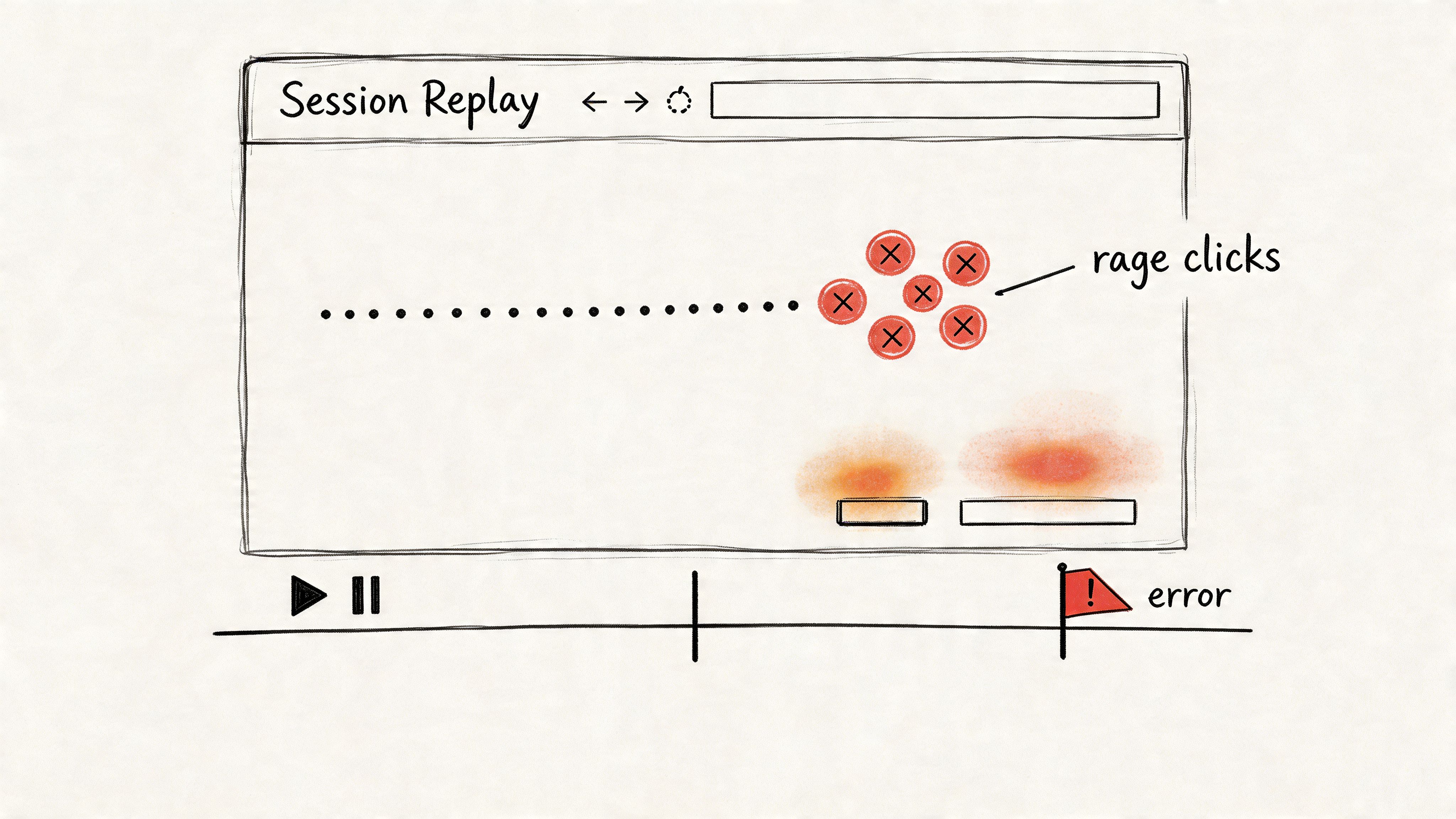 A conceptual diagram showing a session replay interface highlighting rage clicks and an error on a timeline.