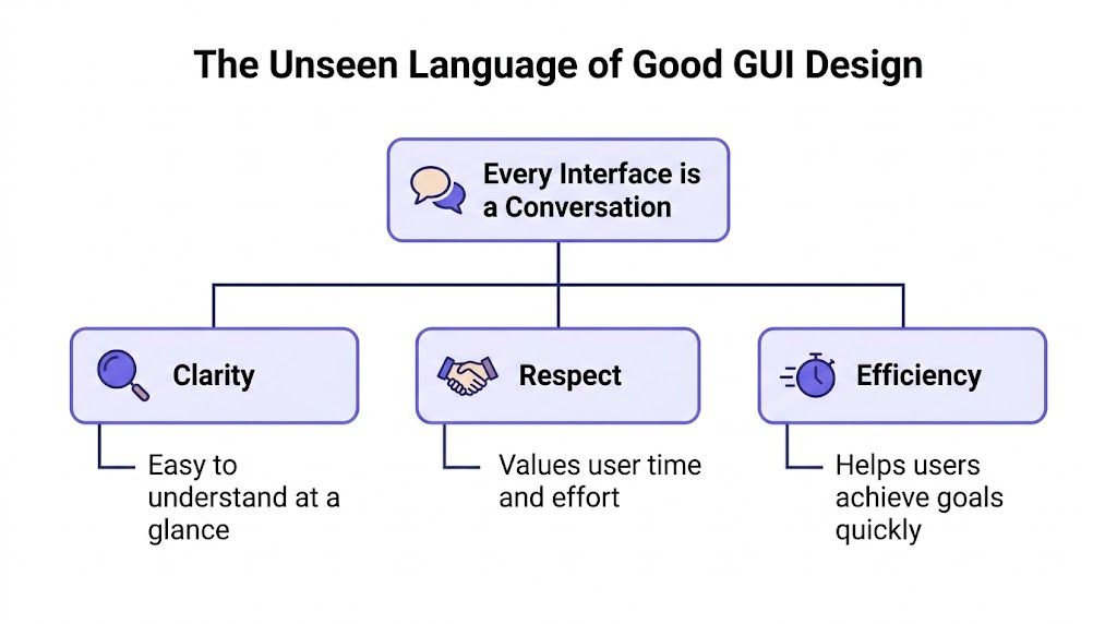 A diagram illustrating GUI design principles: Clarity, Respect, and Efficiency as parts of a user conversation.