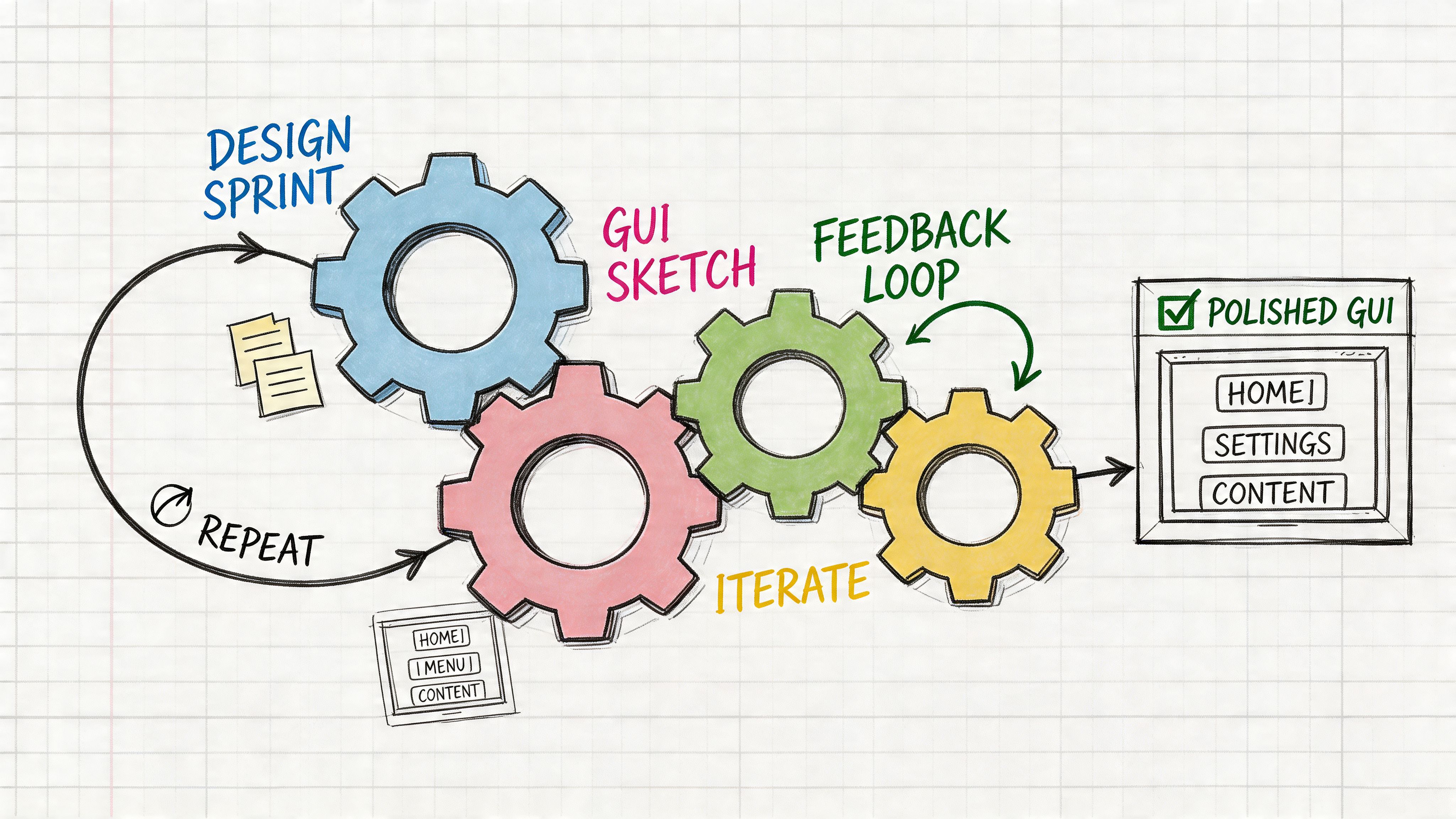 A hand-drawn illustration showing a cyclic gear process for creating a good GUI design.