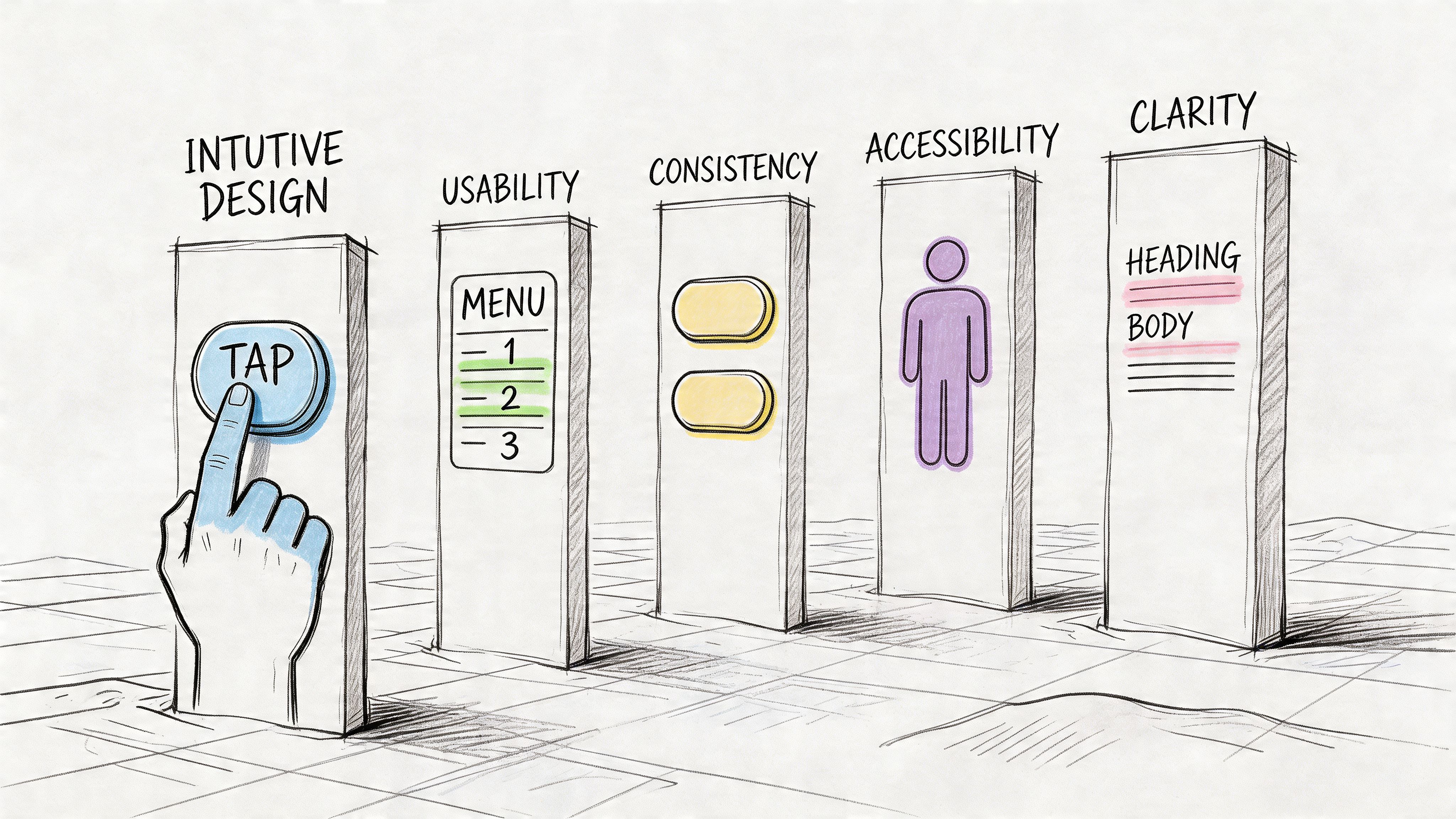 A hand-drawn illustration depicting the five core principles of good user interface design, including intuitiveness and accessibility.