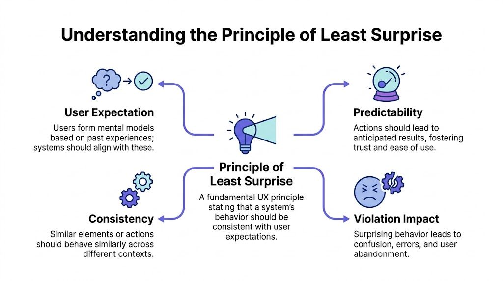 A diagram explaining the UX principle of least surprise through user expectations, predictability, consistency, and violation impact.