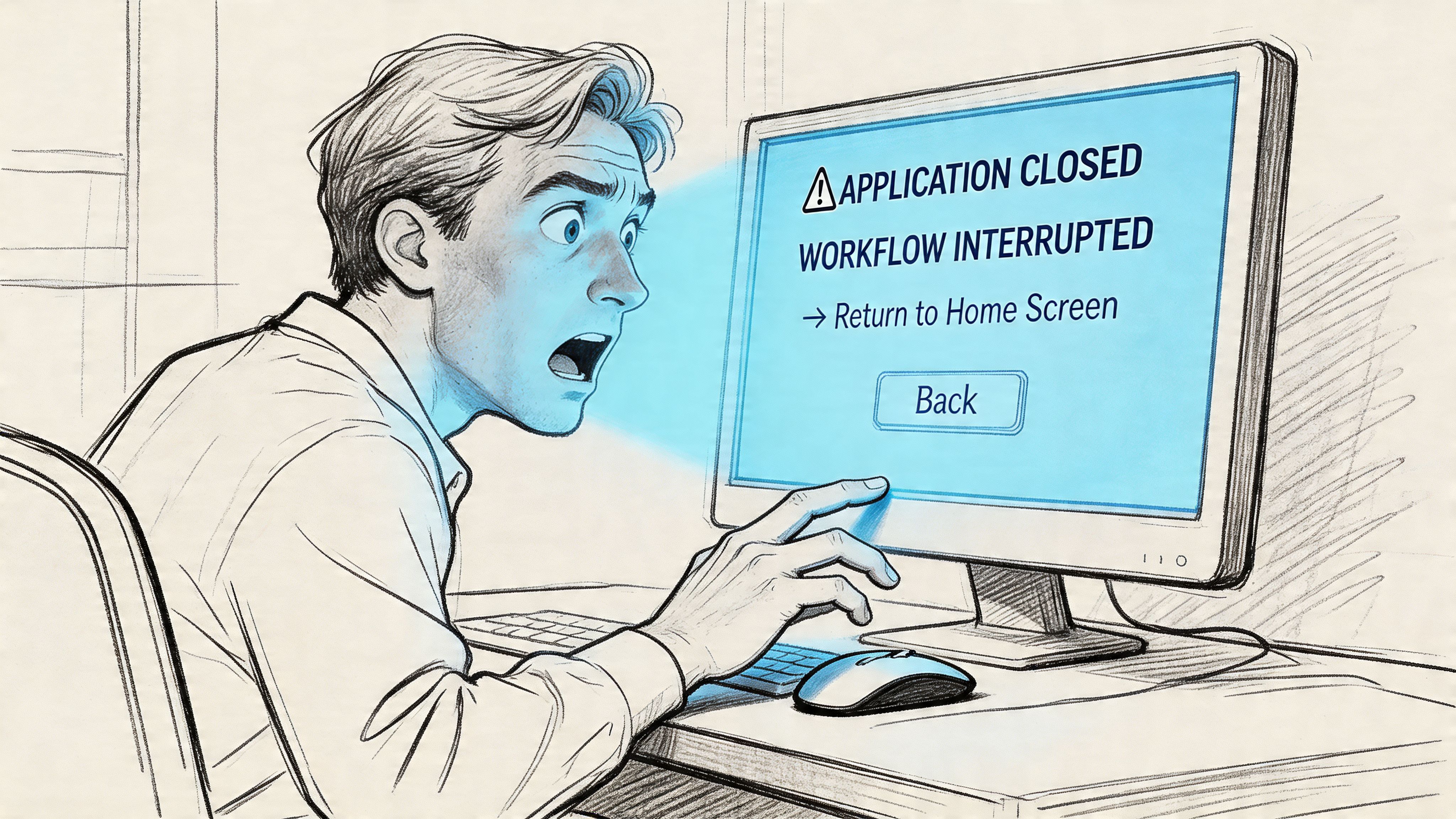 A shocked man looking at his computer monitor displaying an application closed and workflow interrupted error message.