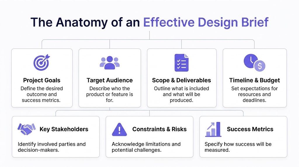 A diagram outlining the seven essential components of an effective design brief for creative projects.