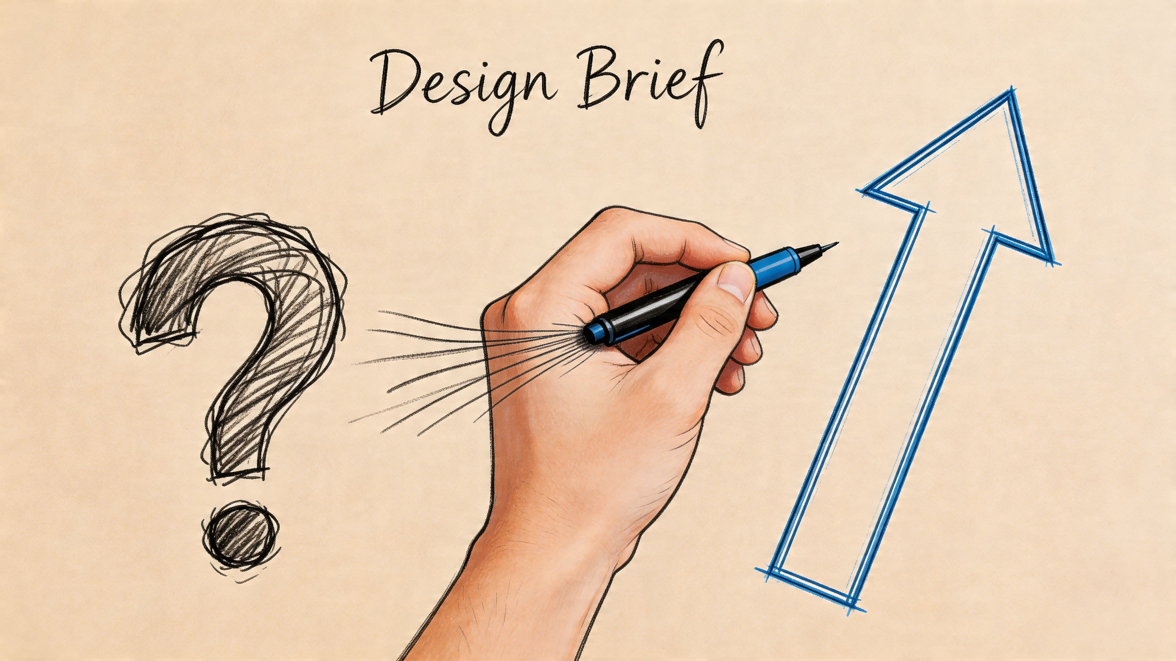 A hand drawing an arrow next to a question mark, illustrating the concept of a design brief.