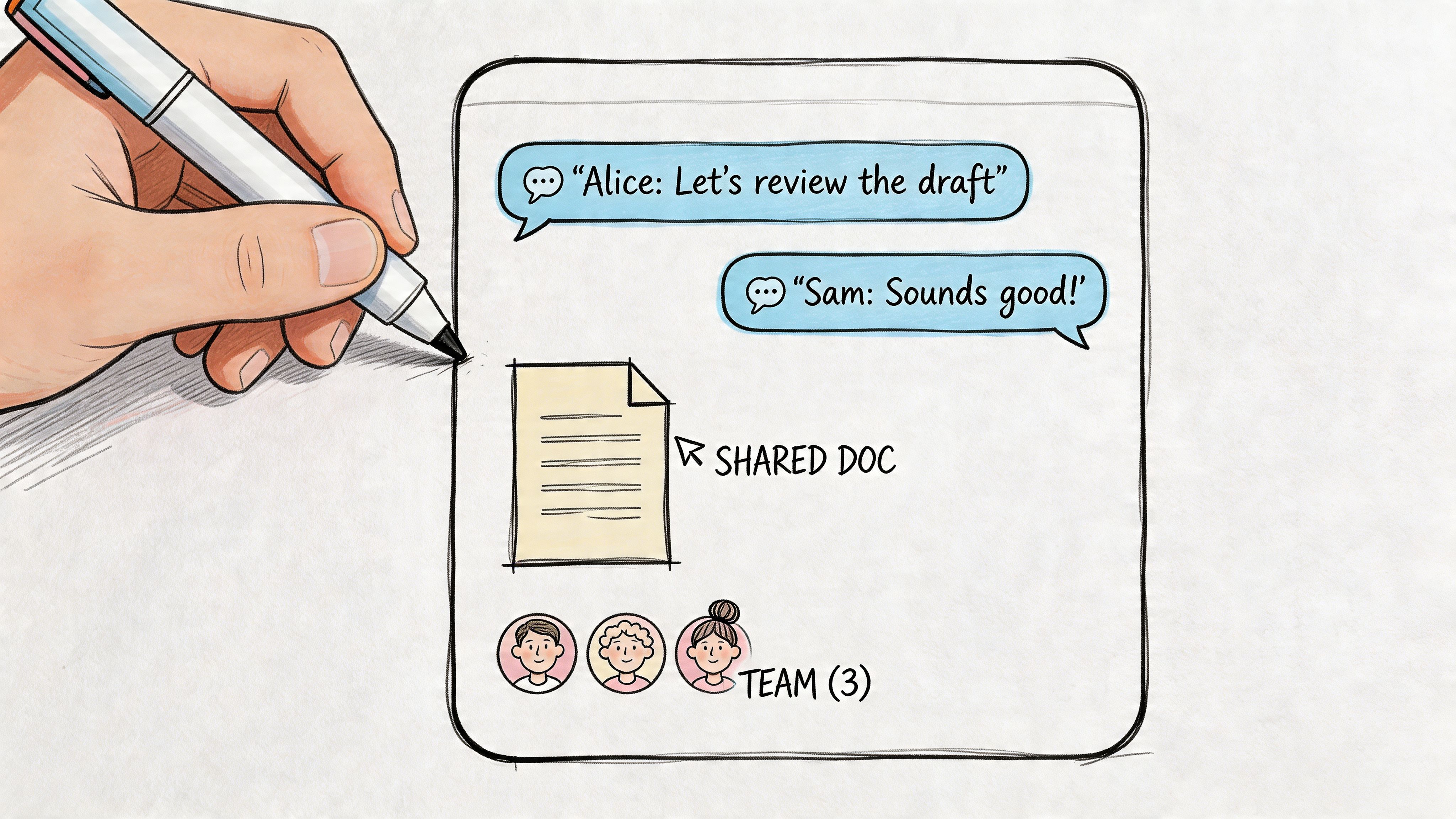 A hand drawing a collaborative team reviewing a shared digital document on a tablet screen.