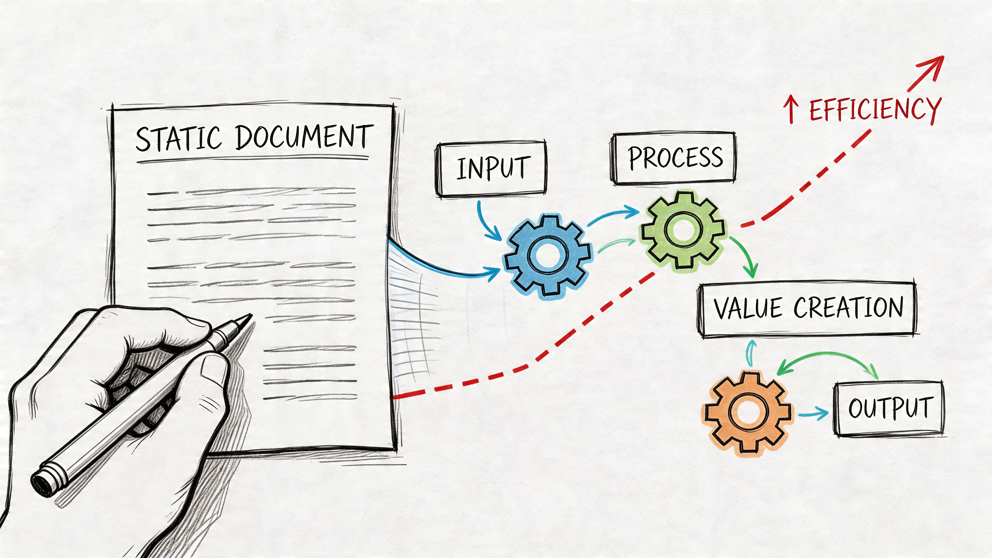 A hand filling out a static document that transforms into an efficient, digitized process for value creation.