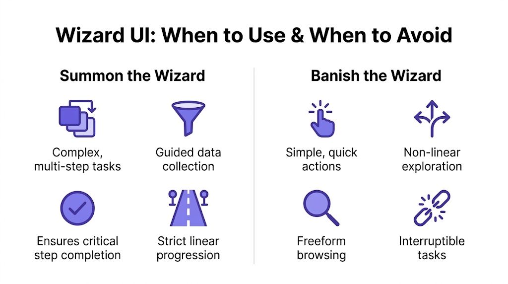An infographic titled Wizard UI: When to Use & When to Avoid, comparing ideal scenarios for wizards.
