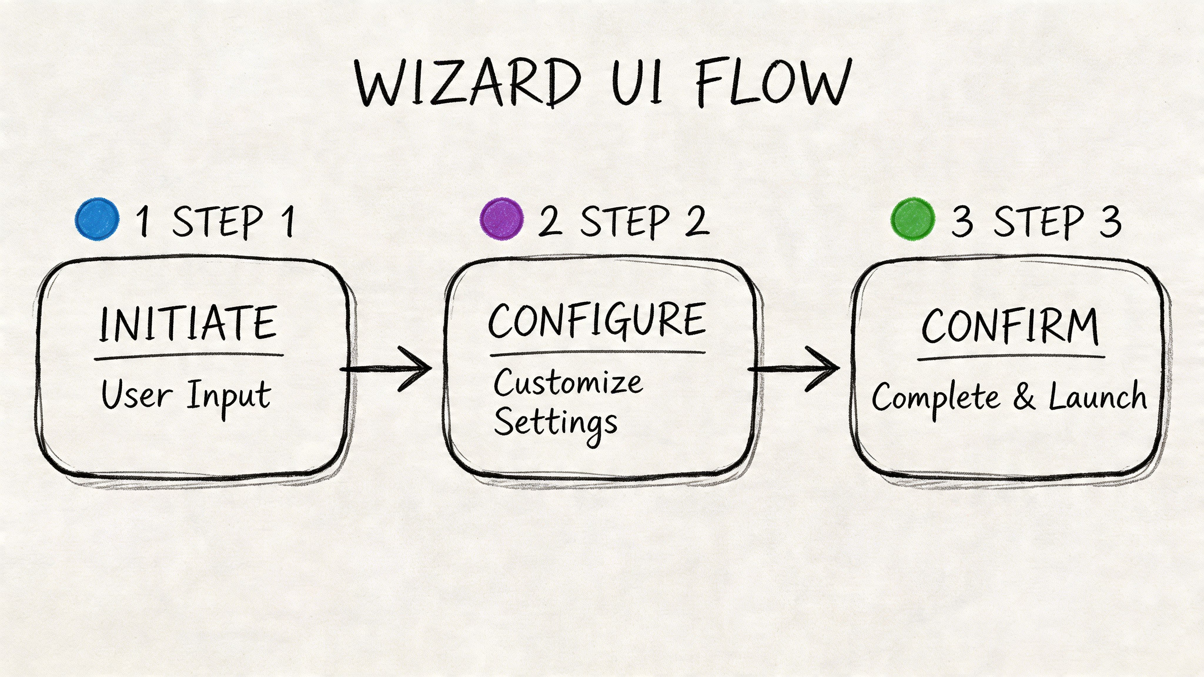 A hand-drawn flowchart illustrating a three-step wizard user interface process from initiation to final confirmation.