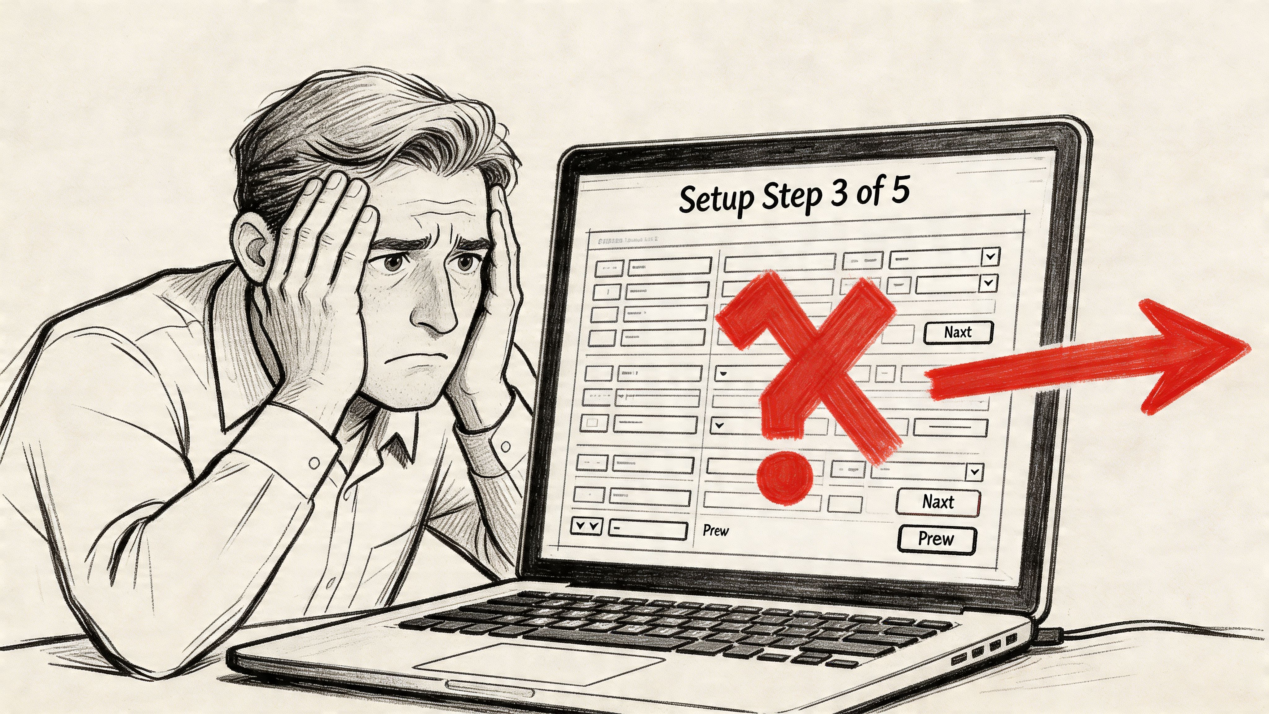 A stressed man looking at a confusing computer wizard user interface setup screen with errors.