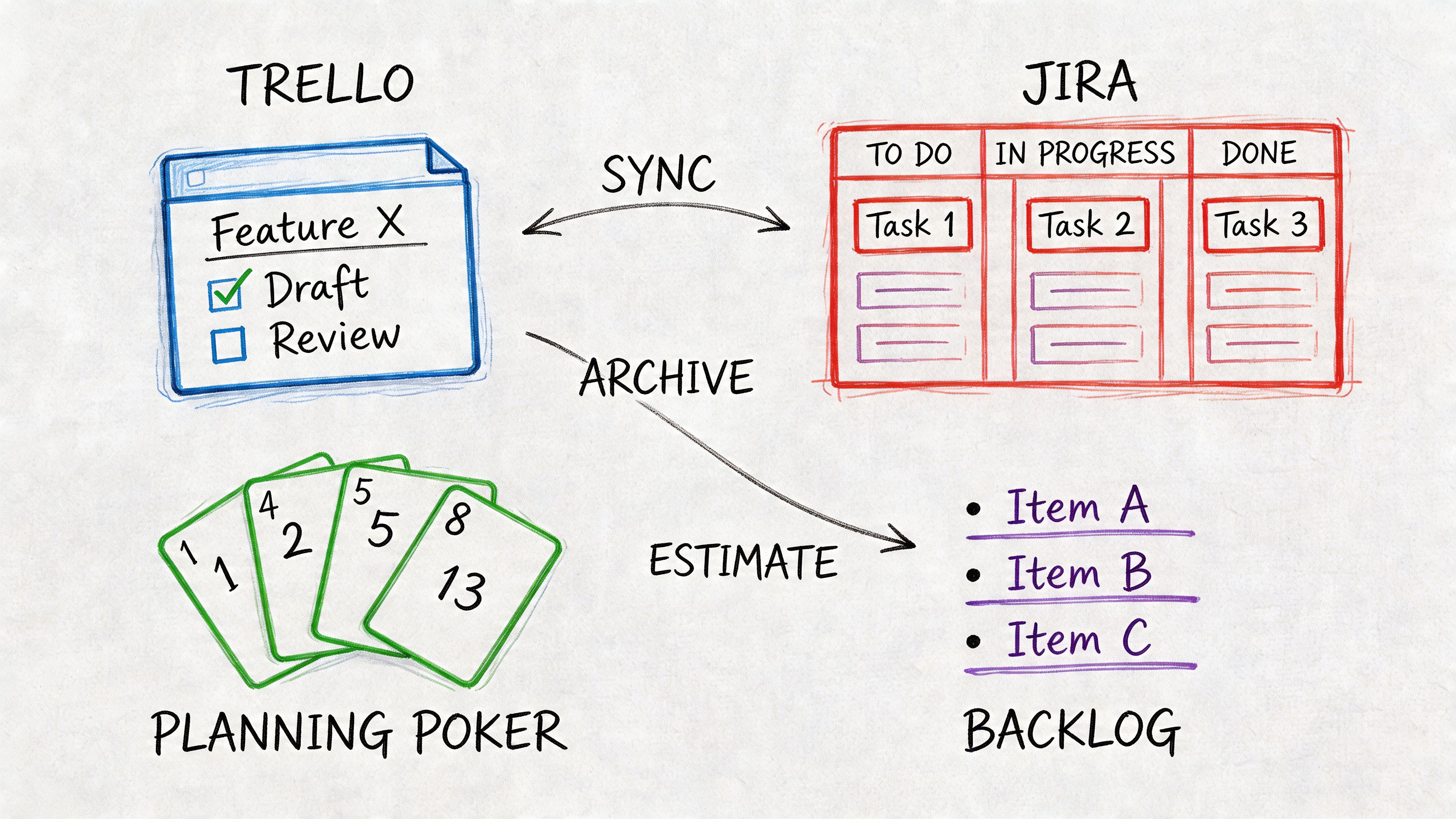 A diagram illustrating the workflow integration between Trello, Jira, Planning Poker, and the product backlog.