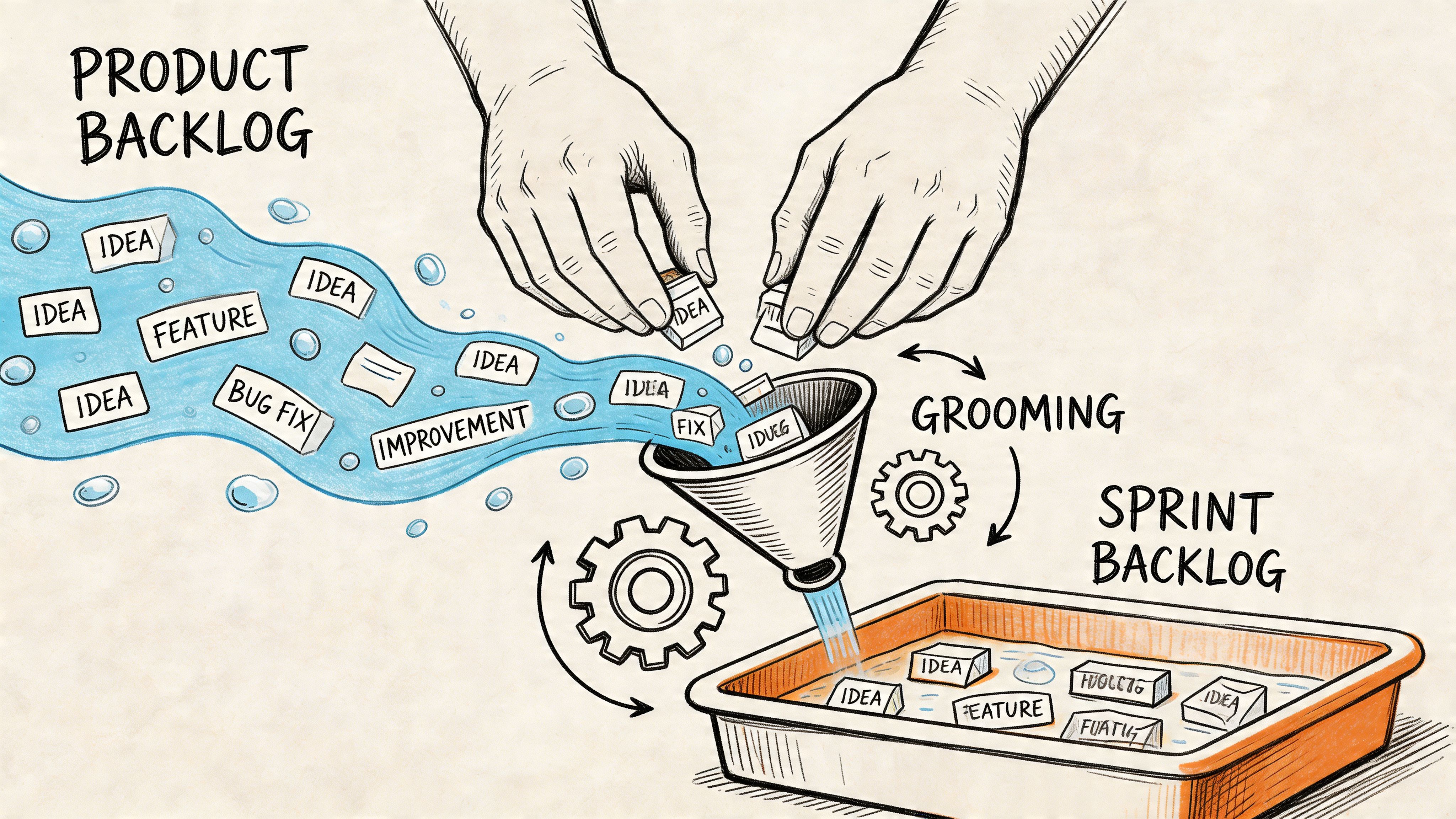 A hand-drawn illustration showing the process of refining a product backlog into a sprint backlog.