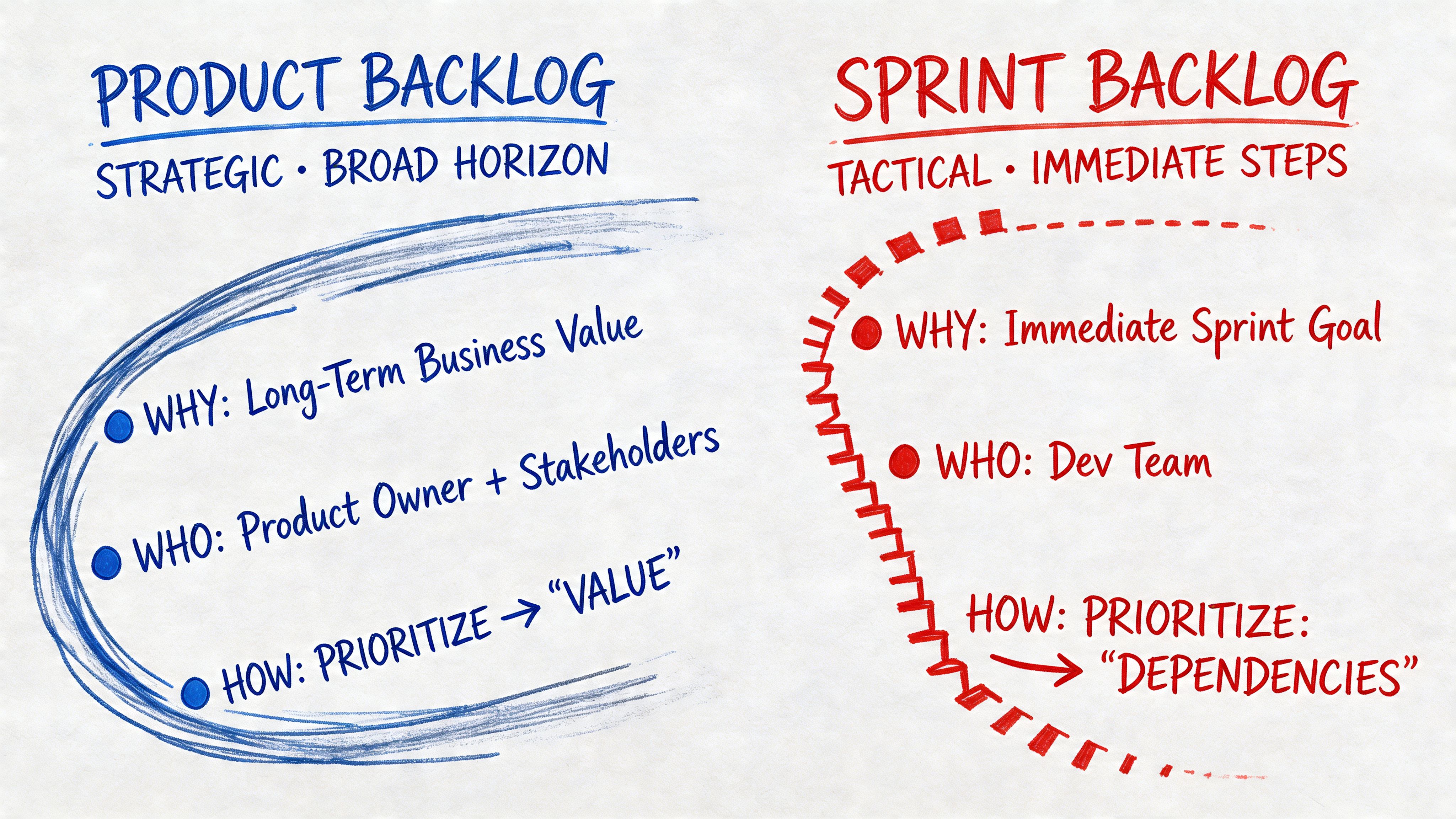 A hand-drawn comparison chart outlining the key differences between the Product Backlog and the Sprint Backlog.