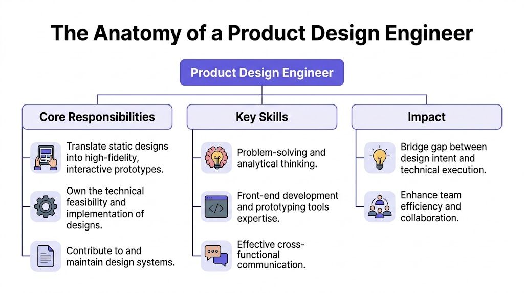 A diagram outlining the role of a Product Design Engineer including core responsibilities, key skills, and impact.