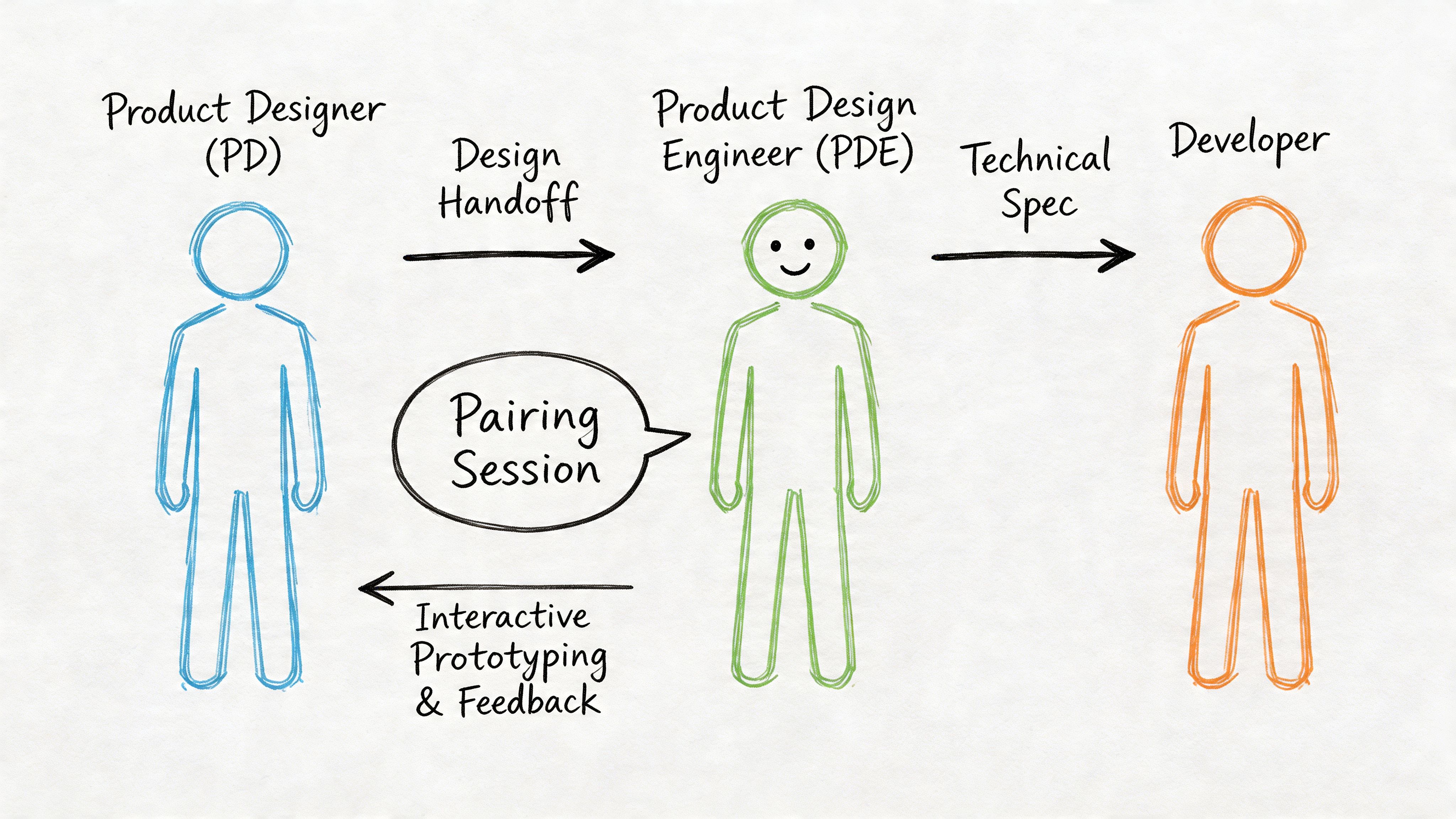 A diagram illustrating the collaborative workflow between a product designer, a product design engineer, and a developer.