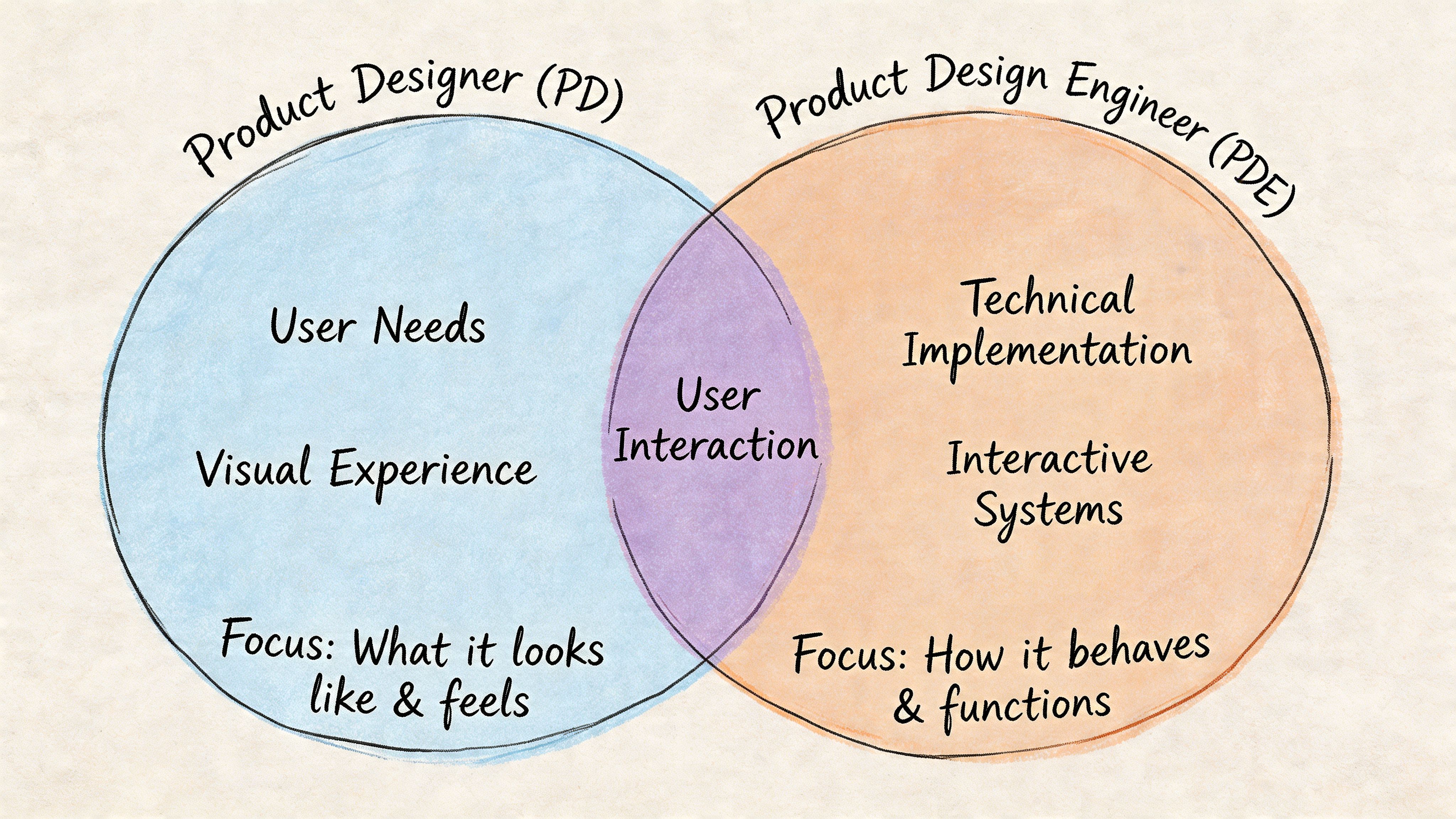 A Venn diagram comparing Product Designer and Product Design Engineer roles, showing their distinct focus areas and common intersection.