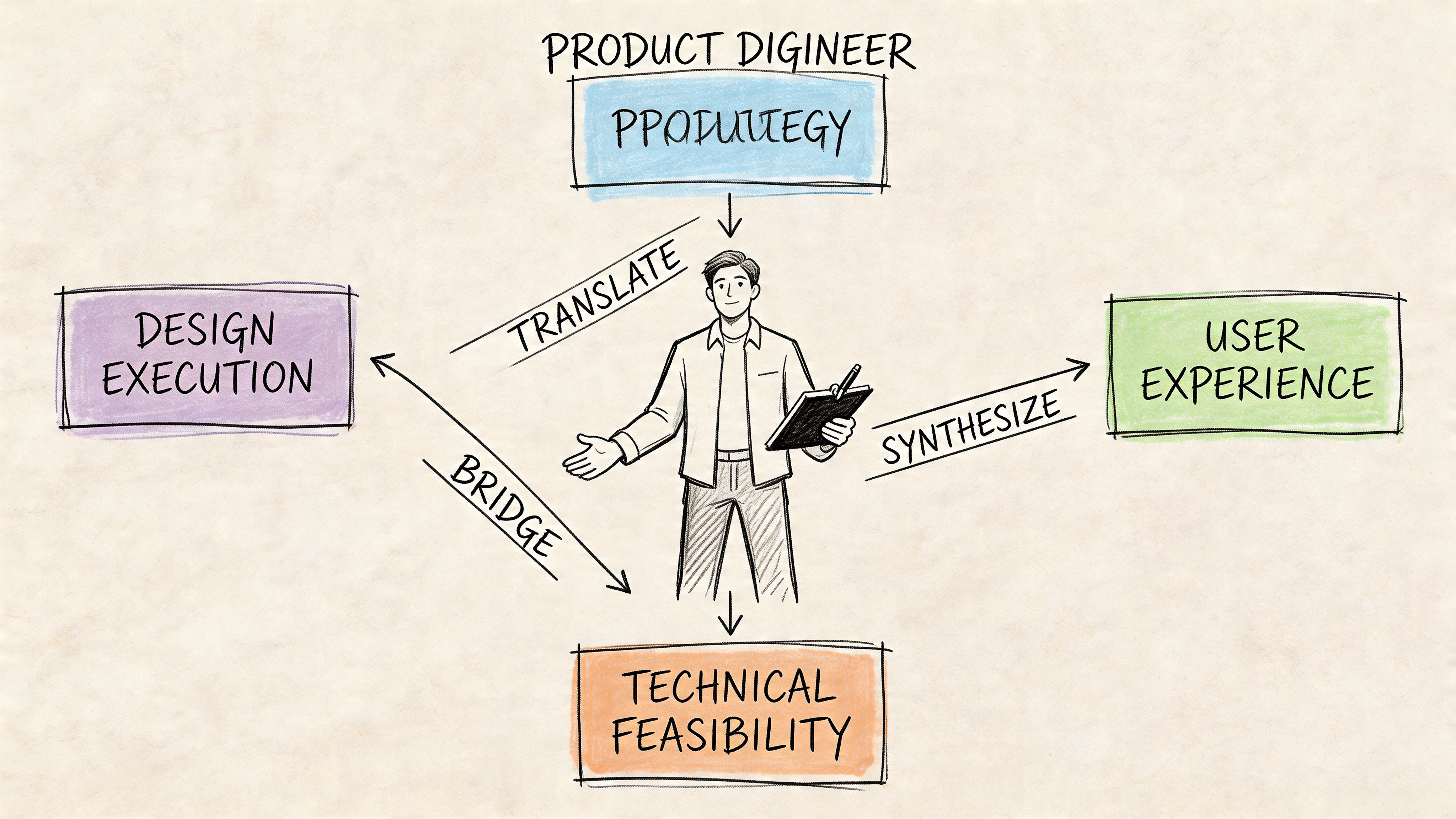 A diagram illustrating the role of a product designer connecting strategy, execution, user experience, and technical feasibility.