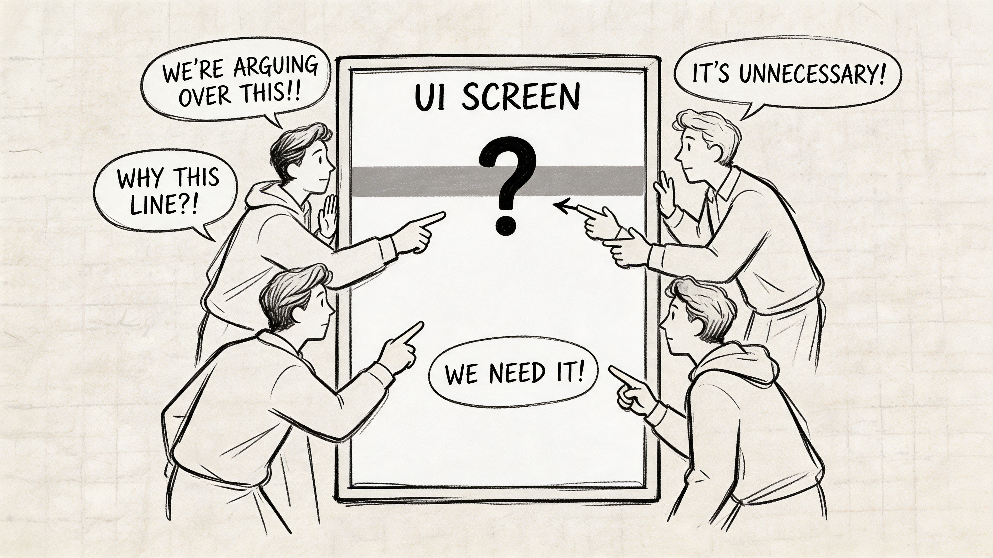 Four people surrounding a UI screen, arguing about the necessity of a single gray line design element.