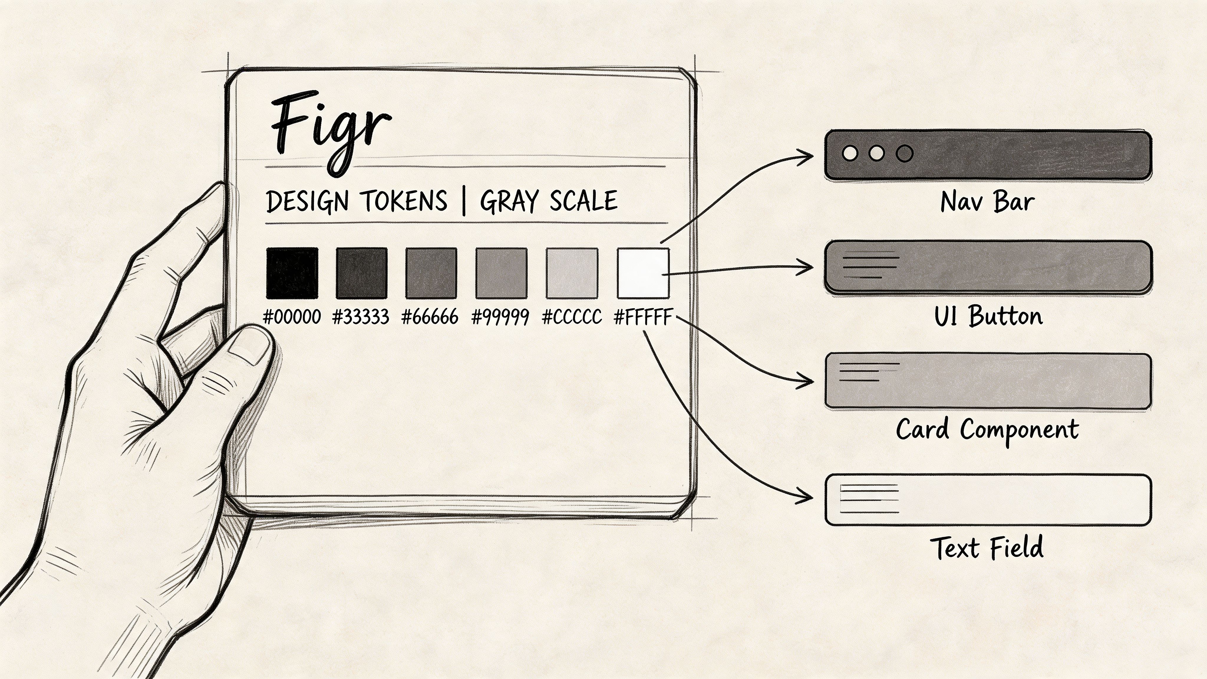 A hand holding a sketch showing UI design system color tokens paired with specific interface components.