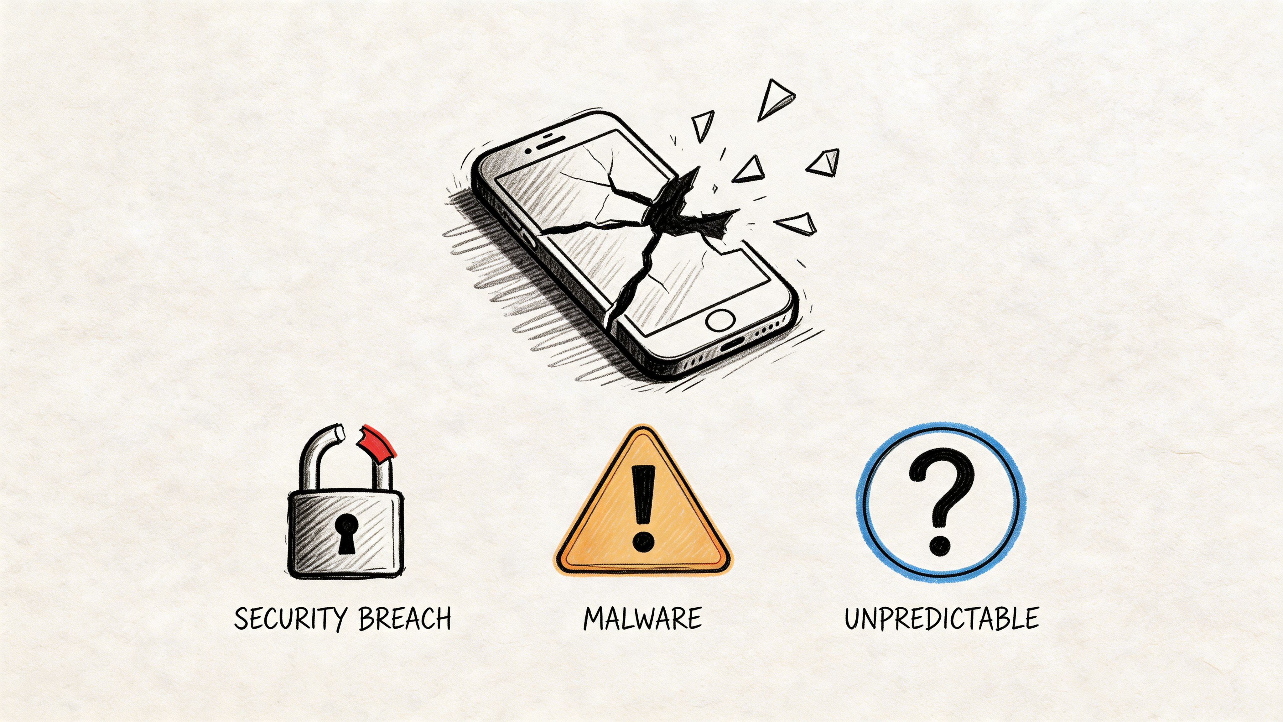 A hand-drawn illustration showing a broken smartphone above icons representing security breach, malware, and unpredictable results.