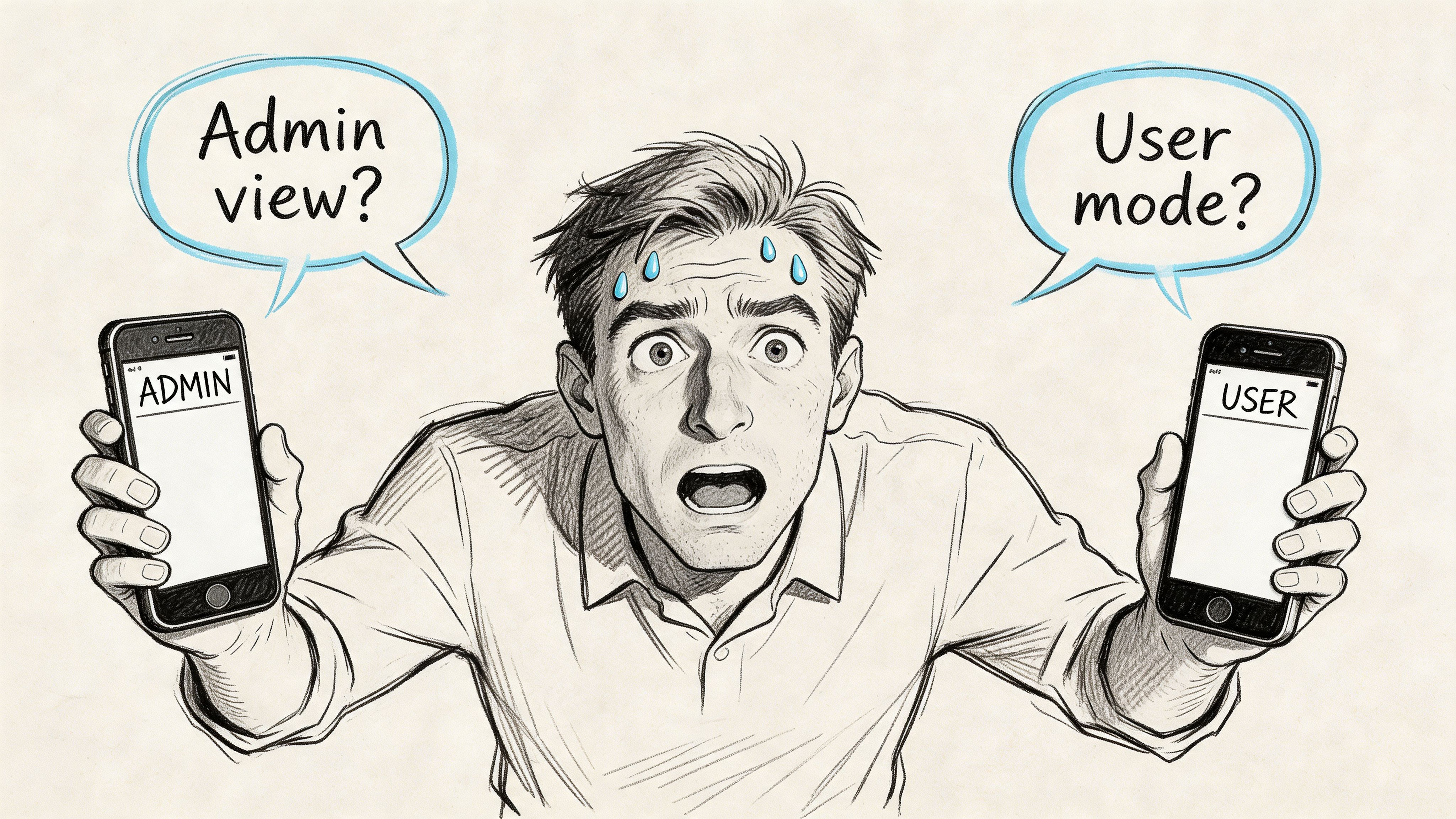 A confused man holding two iPhones displaying different administrative and user modes for app management.