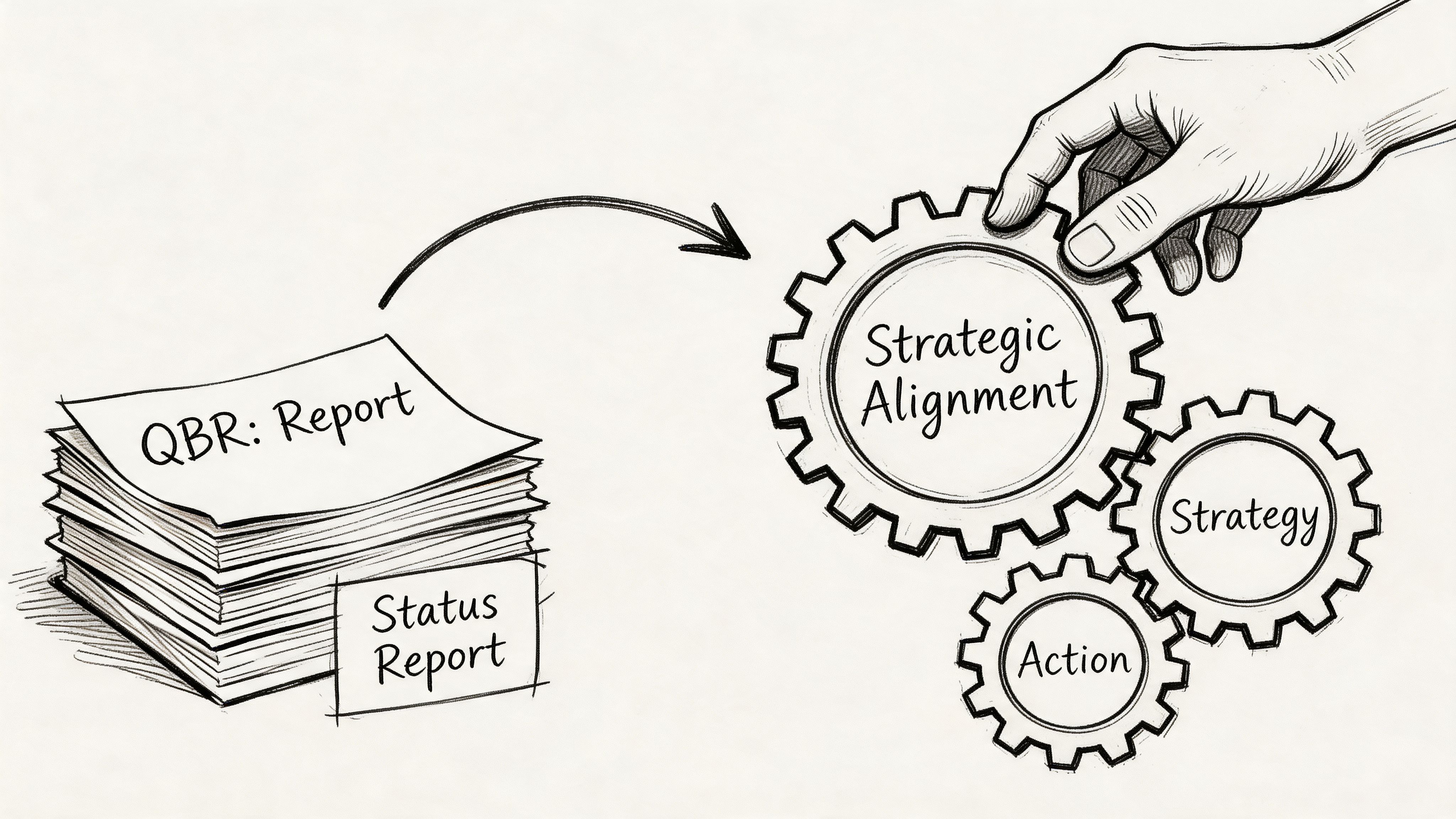 A hand placing a gear labeled Strategic Alignment onto a process illustrating Quarterly Business Review report transition.
