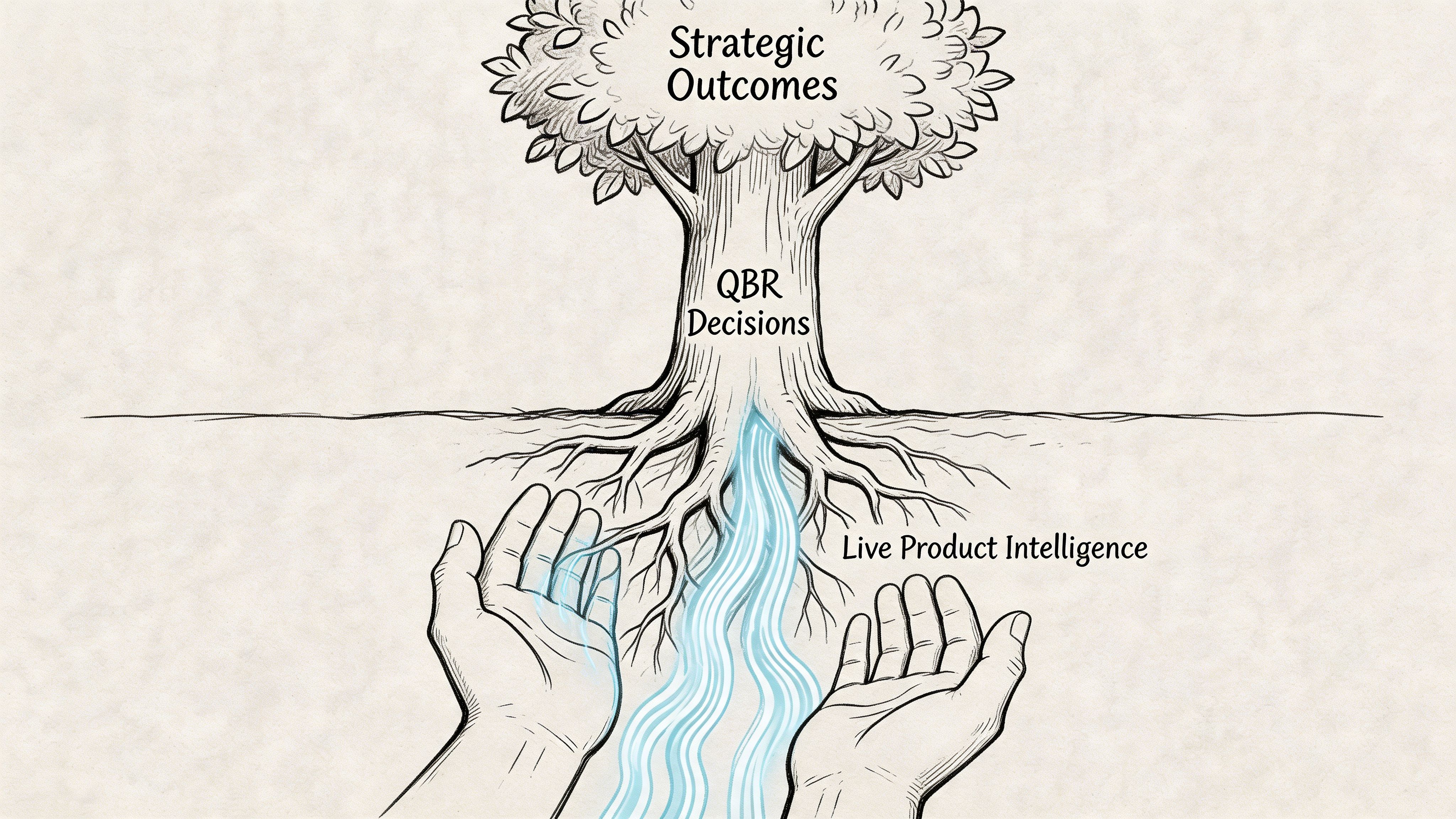 A hand-drawn illustration showing hands gathering blue liquid energy feeding into the roots of a business tree.